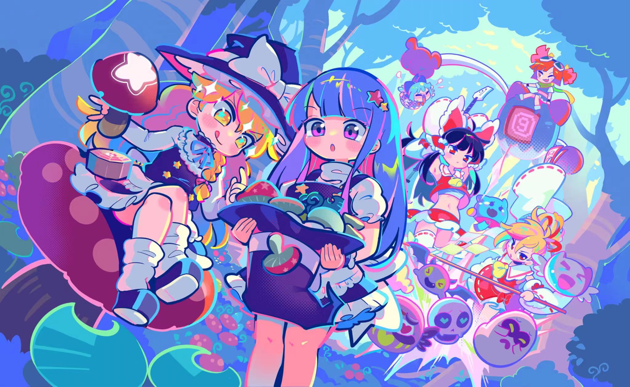 MuseDash Buro Marija Anime Girls Colorful Halloween Touhou Crossover Mushroom Trees Tongue Out 2048x1260