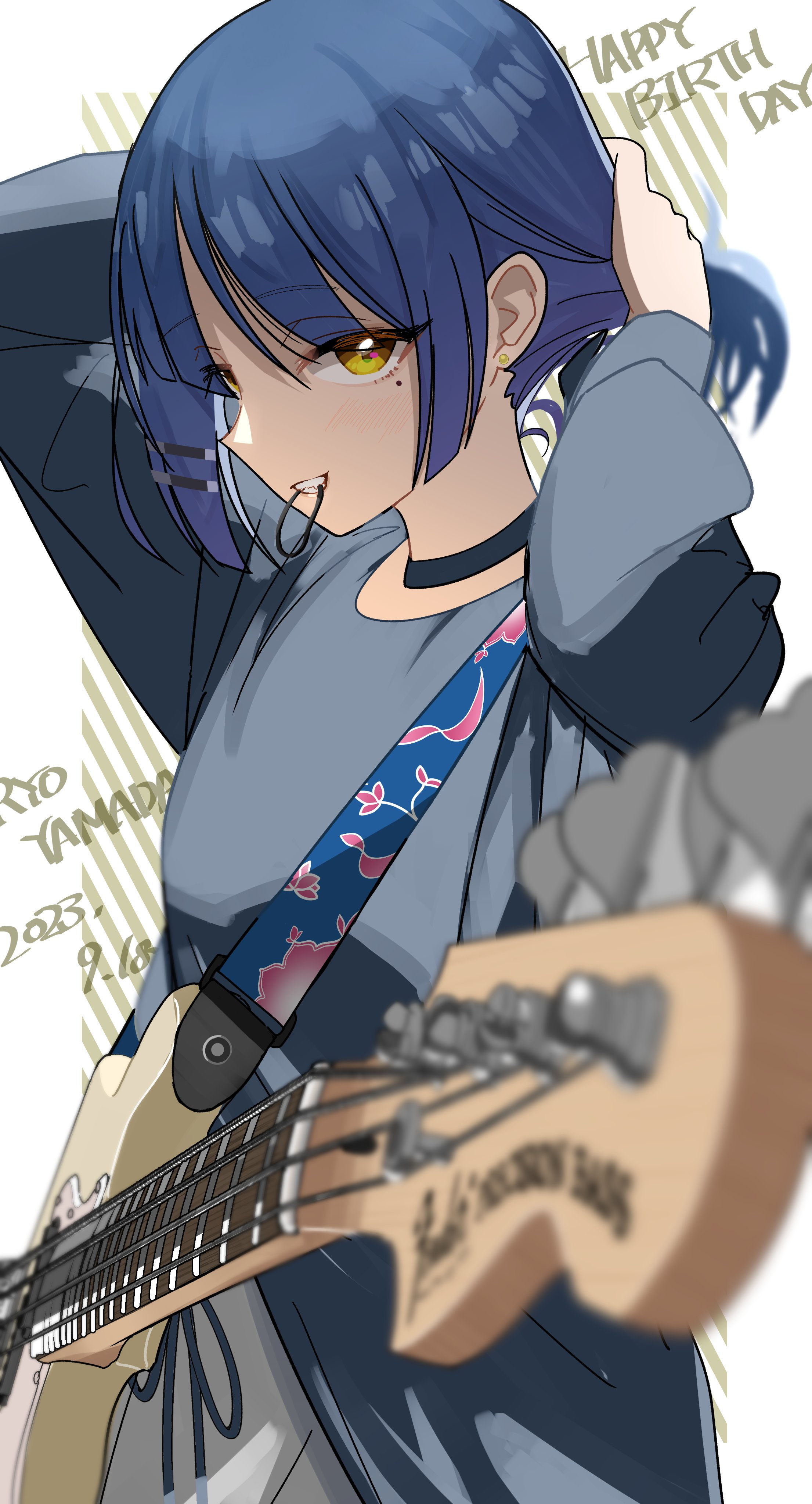 BOCCHi THE ROCK Ryo Yamada Guitar Blue Hair Looking At Viewer Yellow Eyes Choker Moles Mole Under Ey 2211x4093
