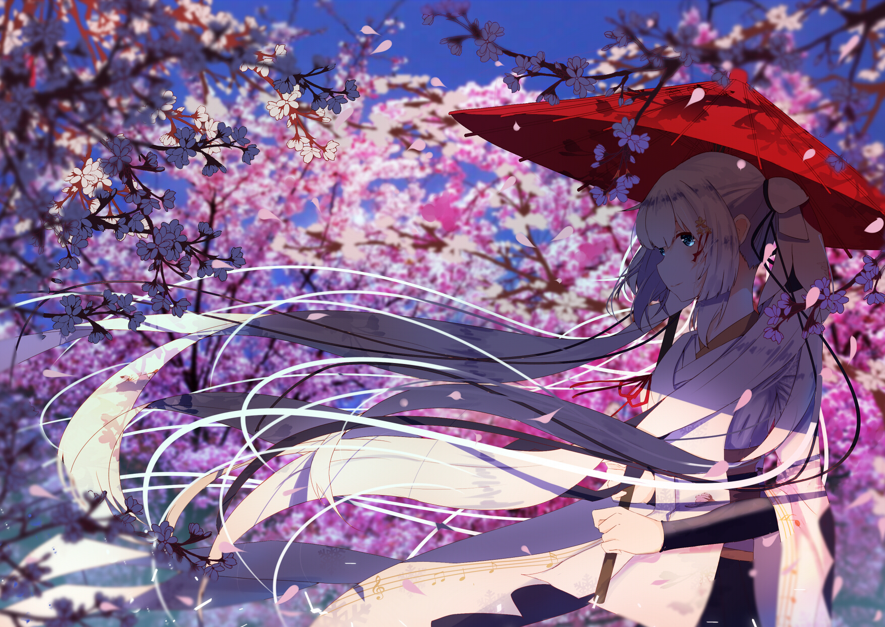 Anime Anime Girls Long Hair Umbrella Branch Flowers Trees Smiling Blonde Blue Eyes Hair Blowing In T 1750x1240