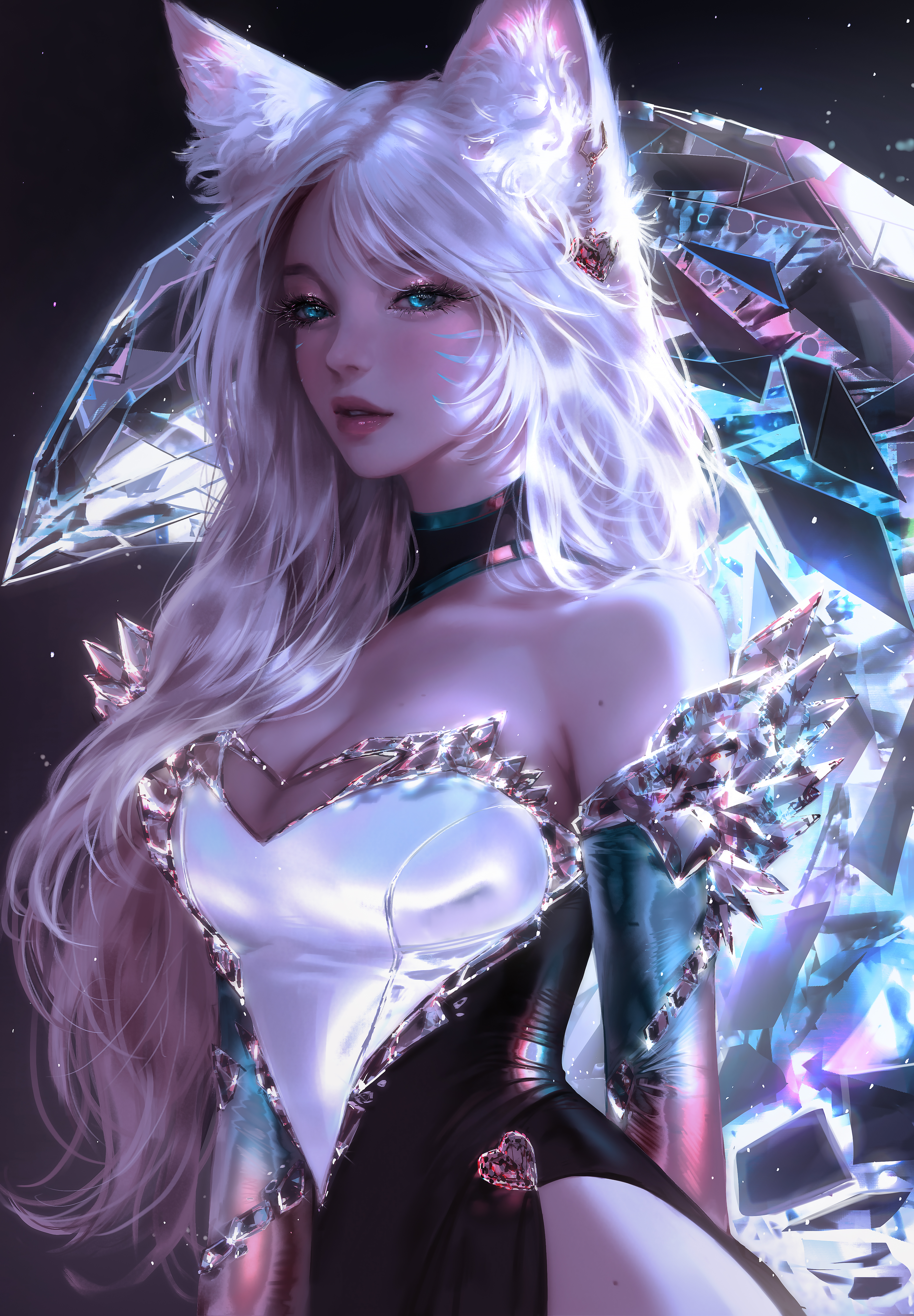 Nixeu Digital Art Artwork Illustration Ahri League Of Legends Long Hair White Hair Dress Crystal Fan 4168x6002