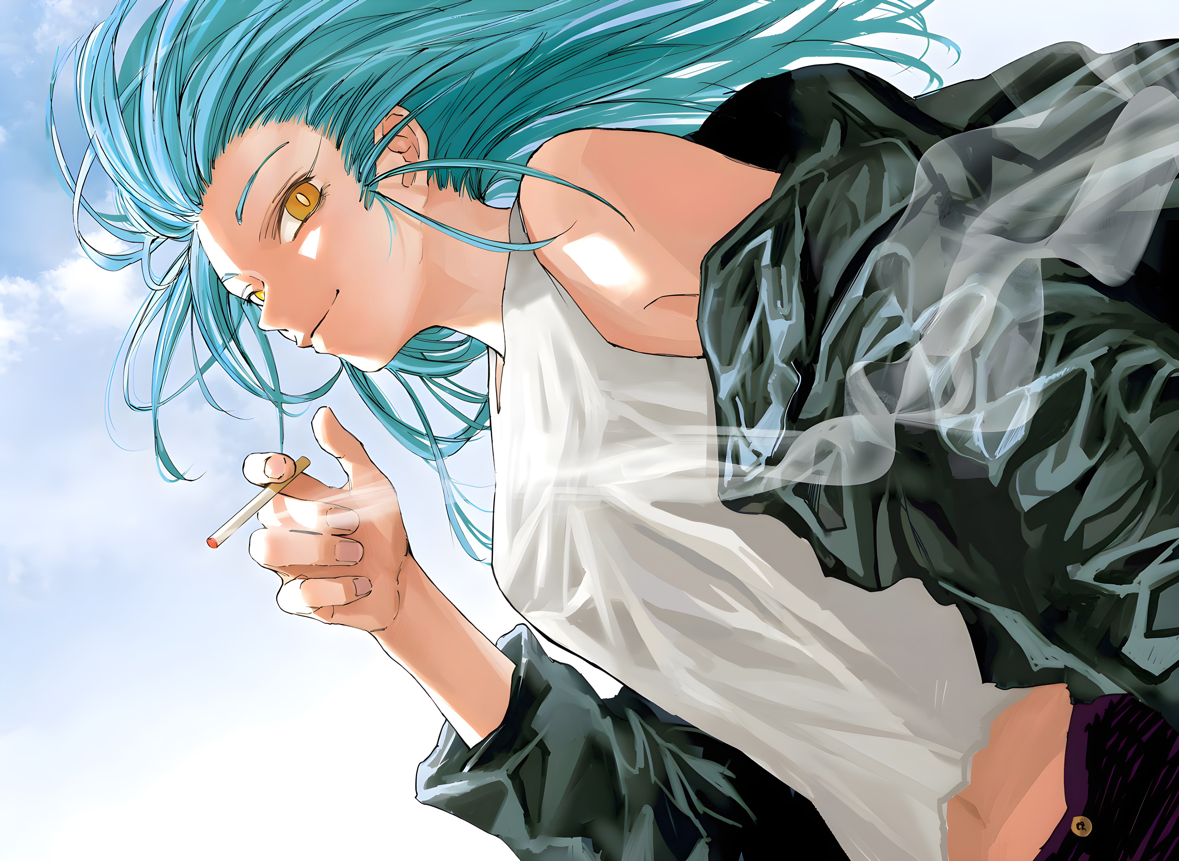 Sakamoto Days Anime Anime Girls Cigarettes Blue Hair Yellow Eyes Smoking Smoke Long Hair Looking At  4096x2990