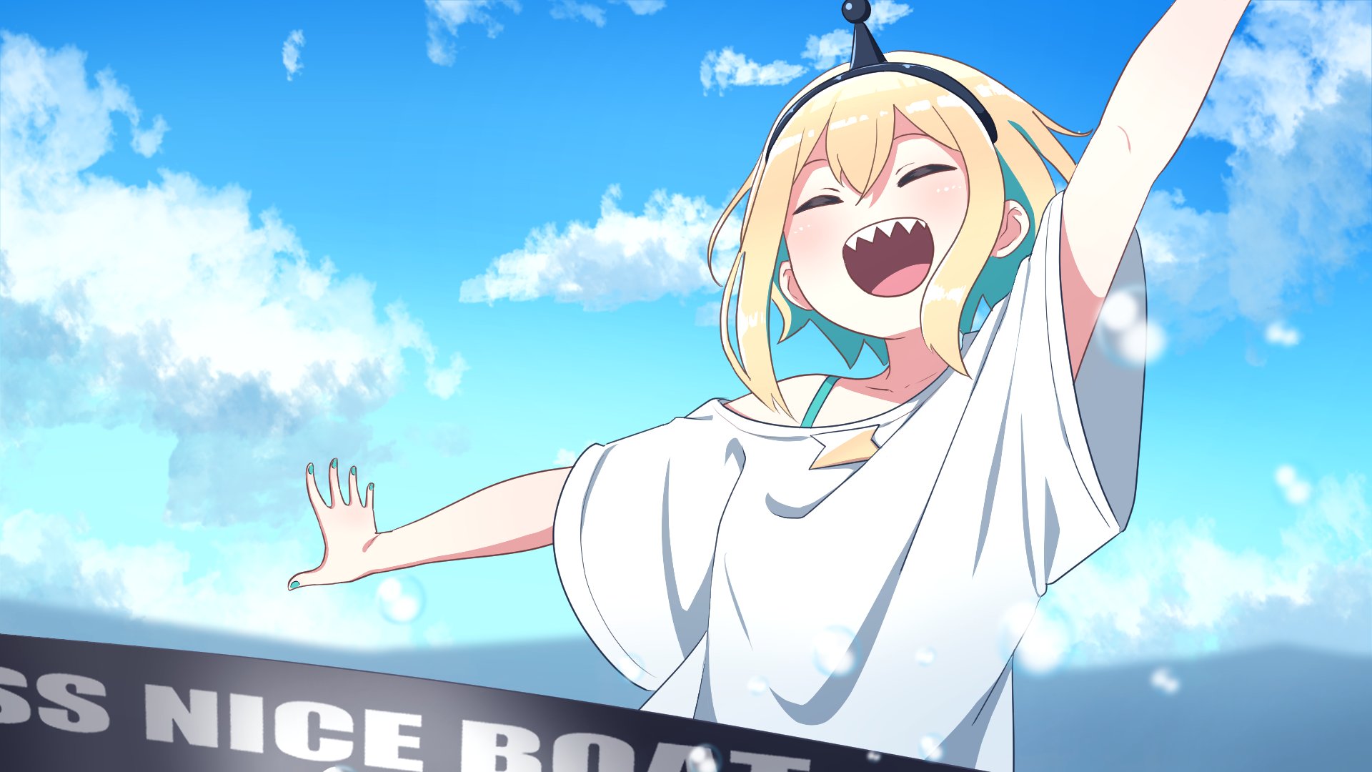 Pikamee Smiling Boat Clear Sky Blonde Virtual Youtuber T Shirt Antenna Anime Girls Closed Eyes Cloud 1920x1080