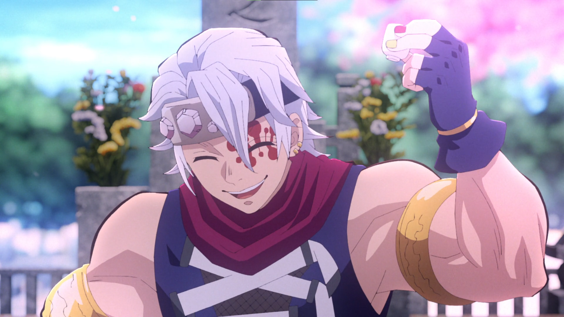 Kimetsu No Yaiba Tengen Uzui Anime Anime Screenshot Anime Boys White Hair Flowers Muscles Hashira He 1920x1080