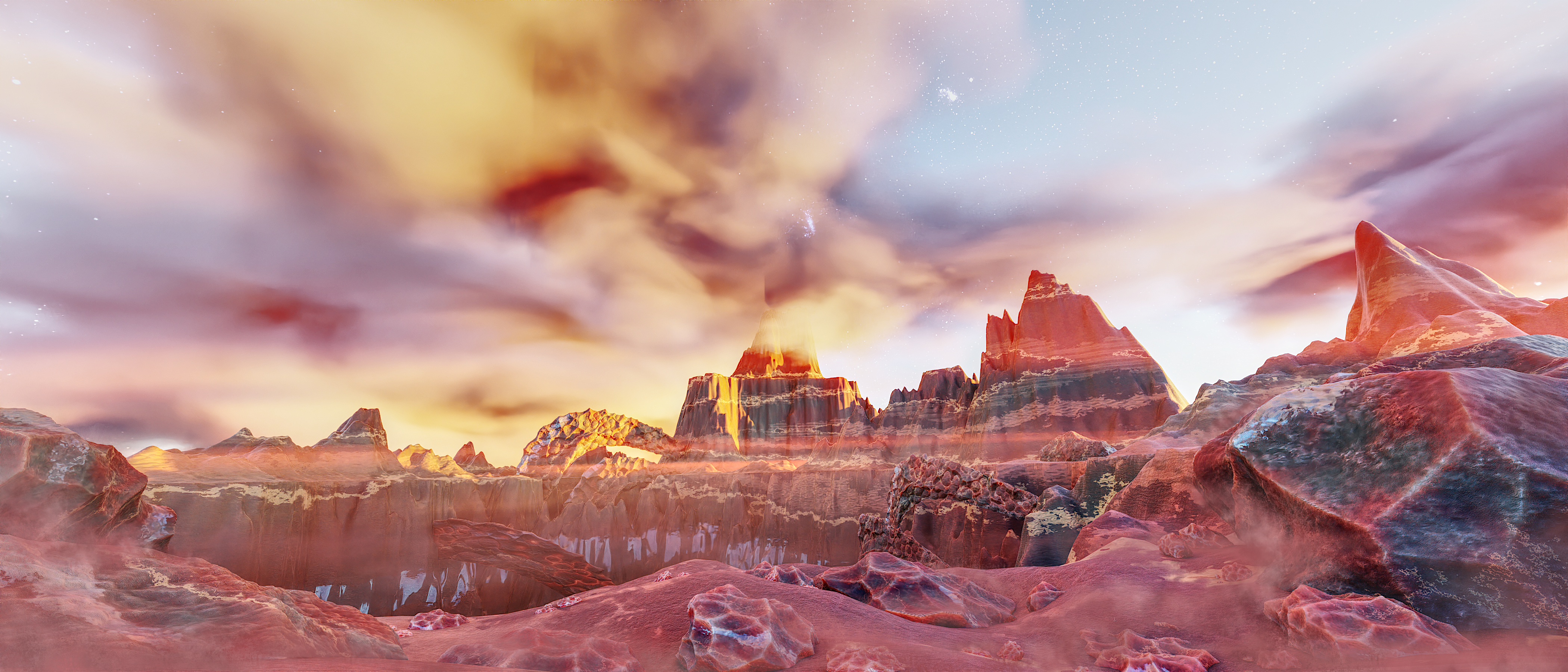 Landscape Alien World Desert Dust Blender CGi Affinity Sky Clouds Digital Art 4200x1800