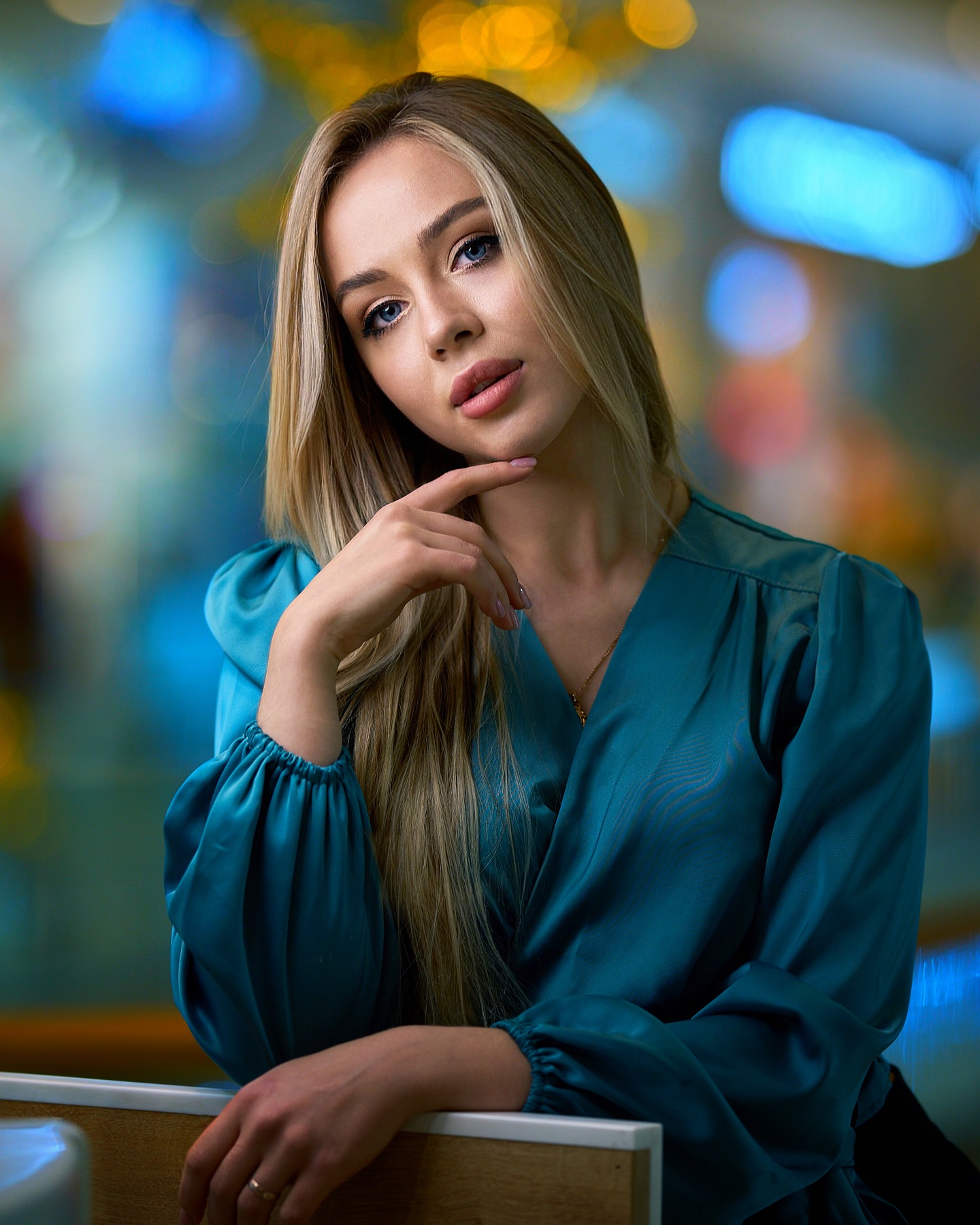 Sergey Churnosov Women Blonde Long Hair Blue Eyes Blue Clothing Head Tilt Makeup Portrait Depth Of F 1440x1799