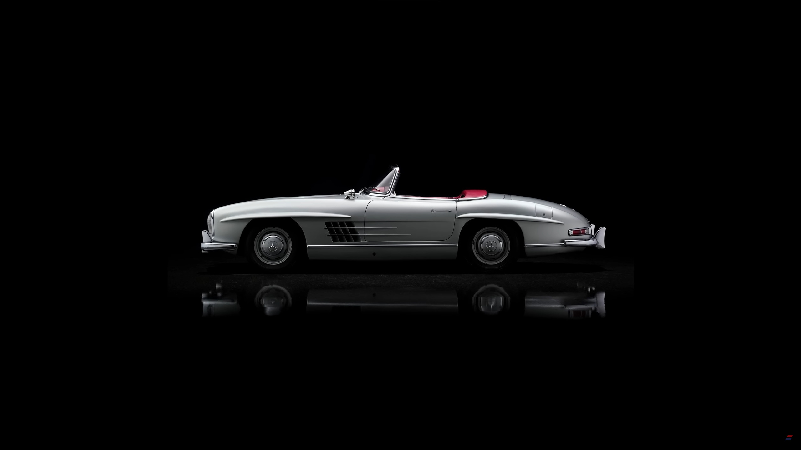 Mercedes Benz SL Car Vehicle Black Background Silver Roadster Side View Reflection Simple Background 2560x1440