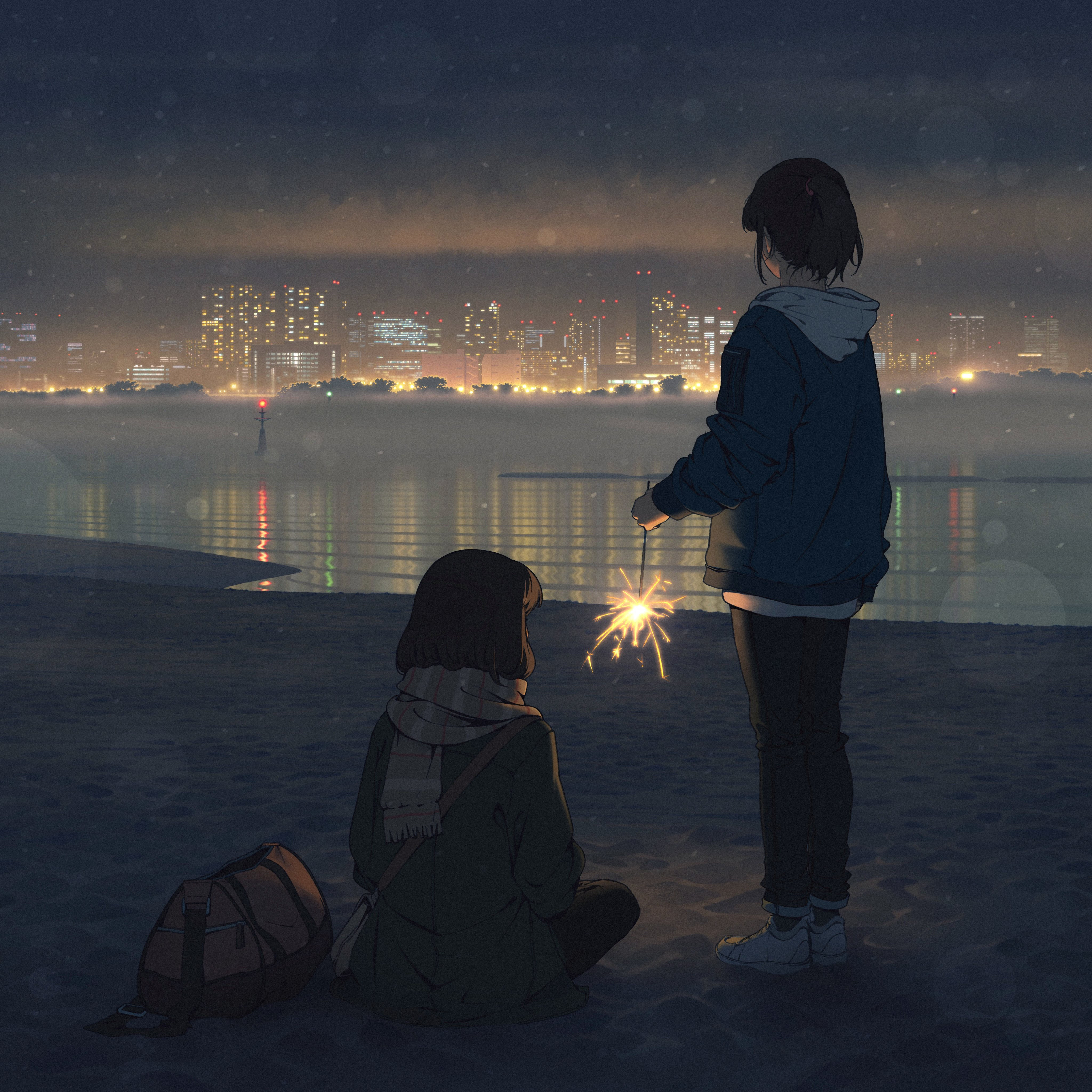 Anime Girls Beach Fireworks 4096x4096