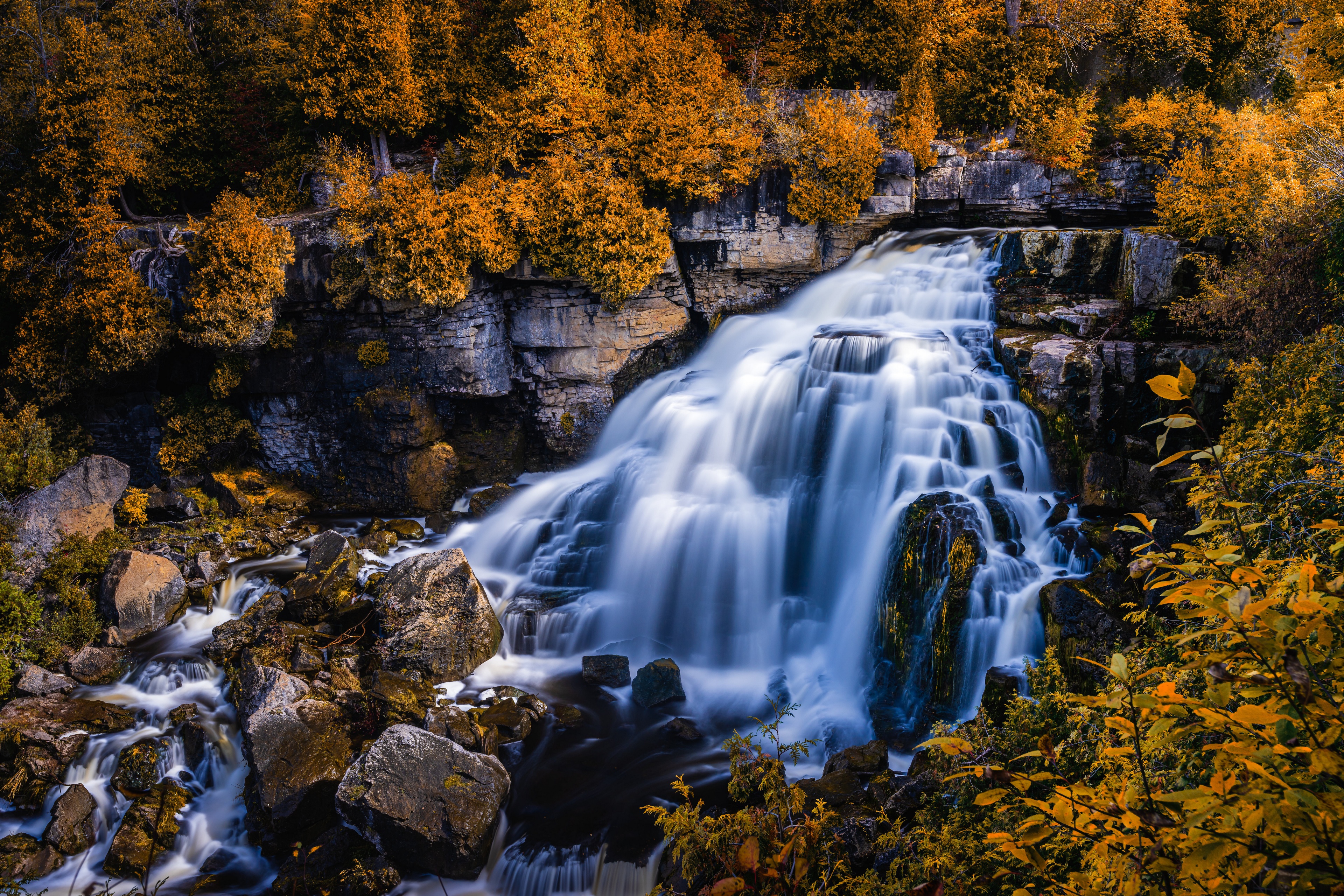 Canada Nature Fall Waterfall Stones Trees Rocks Water 3840x2560