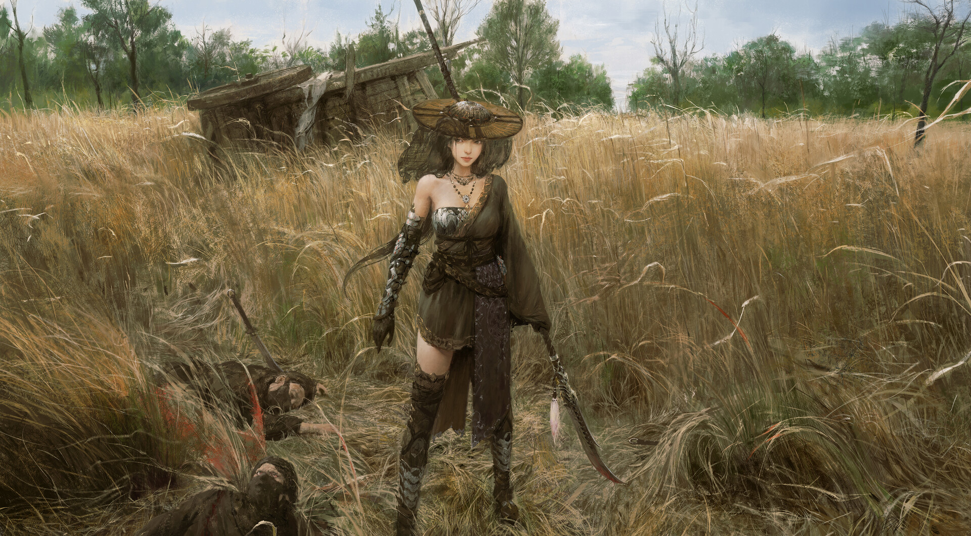 Artwork Women Fantasy Art Fantasy Girl Asian Weapon Spear Women With Weapons Corpse Hat Women Outdoo 1920x1060