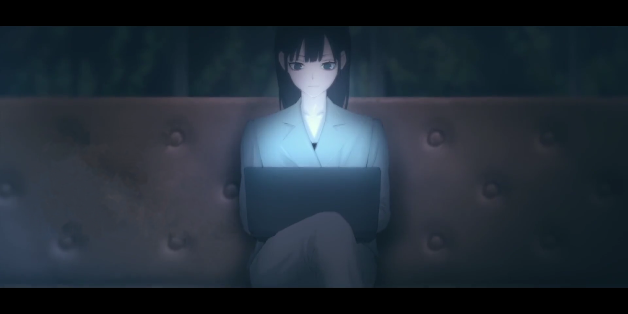 Link Click Screen Shot Anime Girls Sitting Legs Crossed Laptop Long Hair Couch 2160x1080