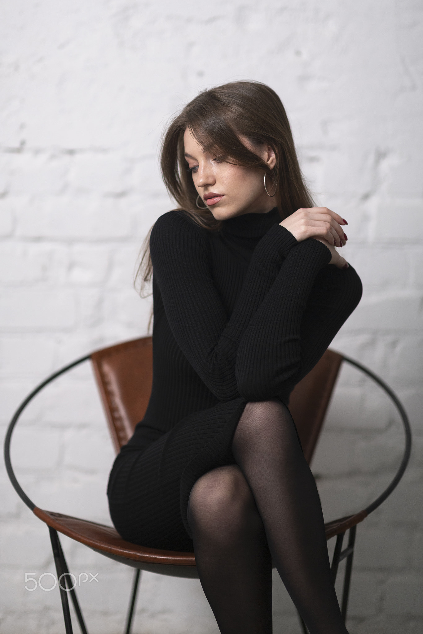 Murat Kuzhakhmetov Women Brunette Black Clothing Legs Crossed Hoop Earrings Chair Wall 1365x2048