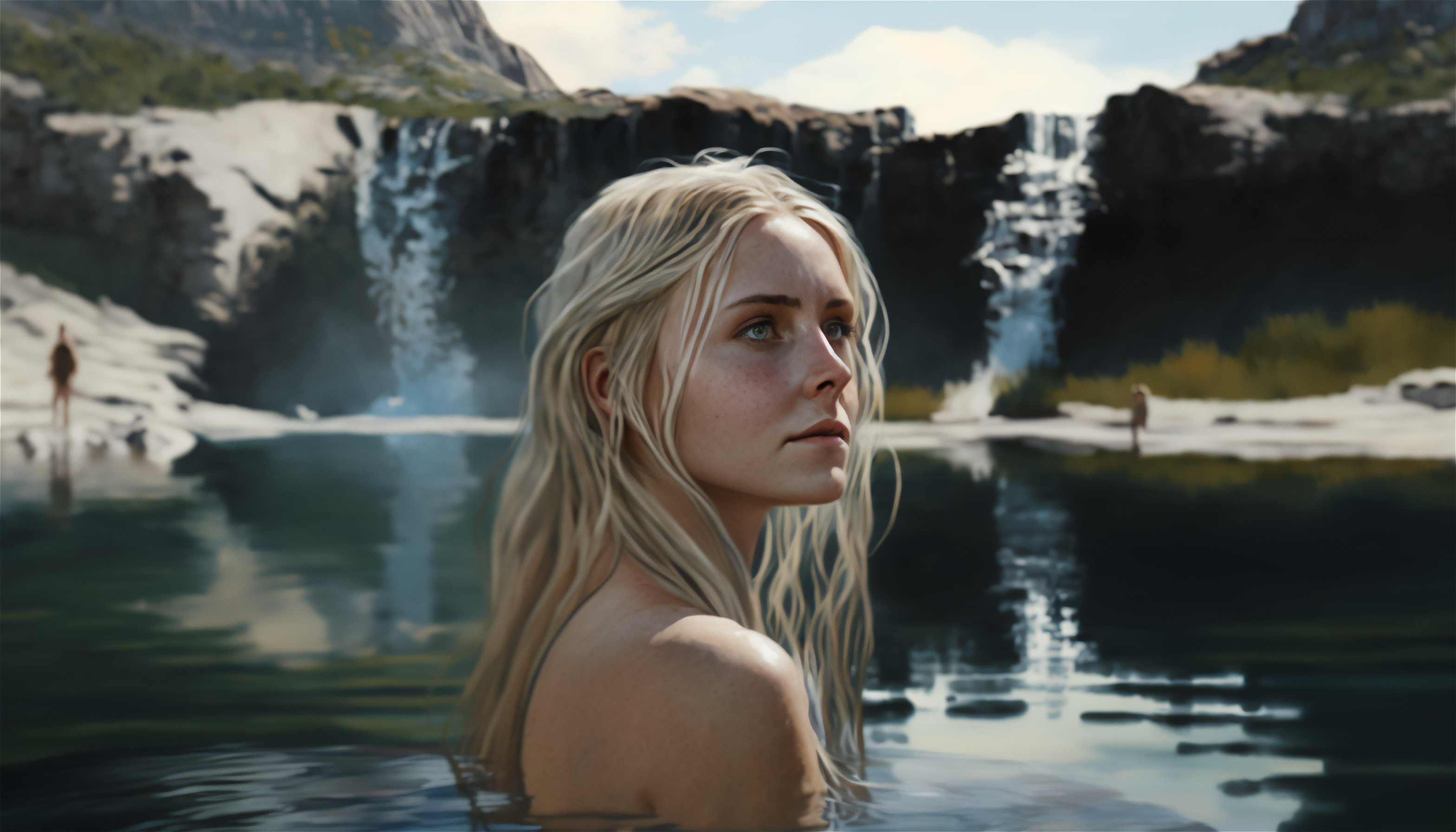 Ai Art Women Waterfall Blonde In Water Water 3136x1792