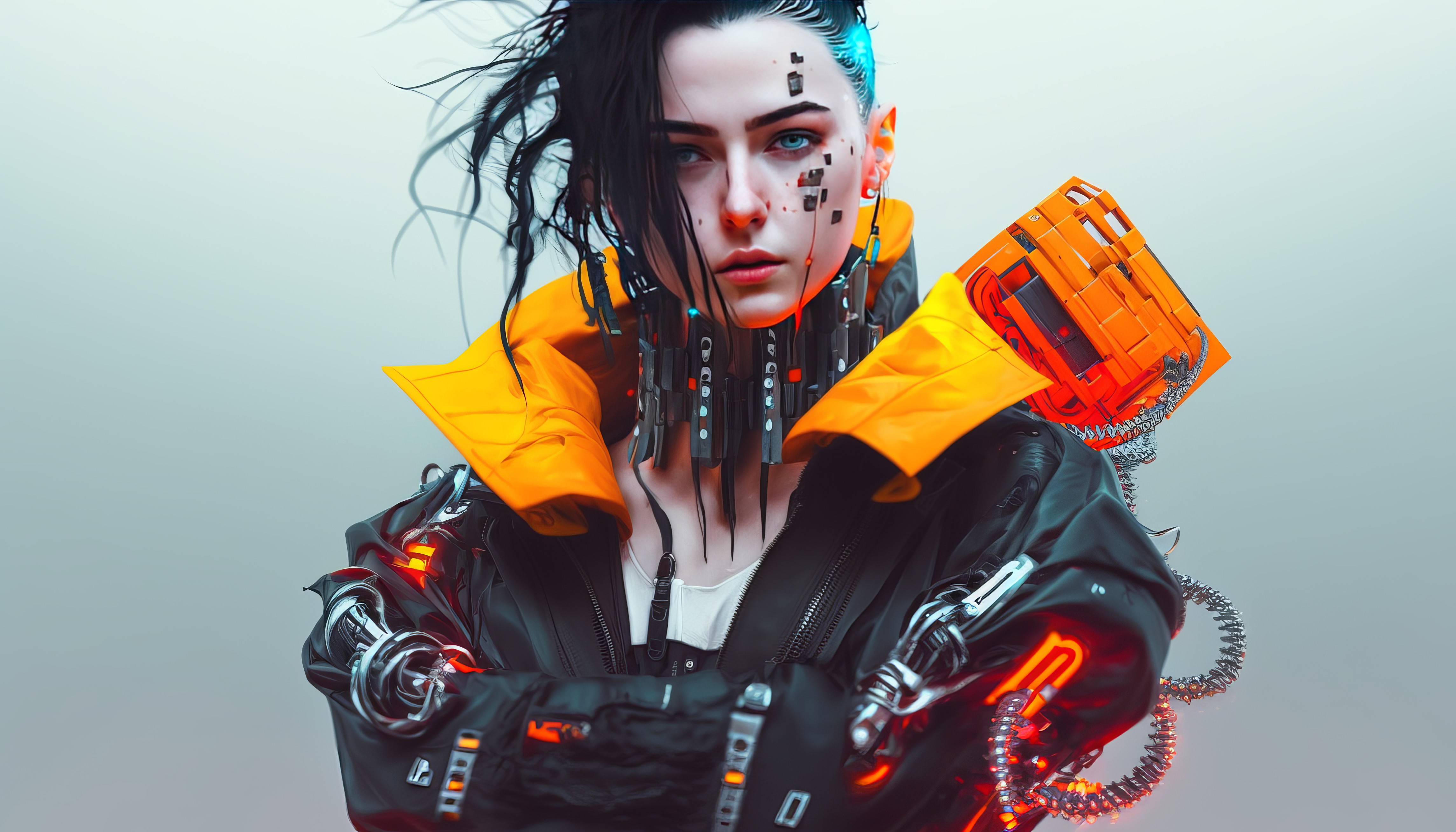 Ai Art Women Cyberpunk Jacket Orange Looking At Viewer Simple Background Minimalism 4579x2616