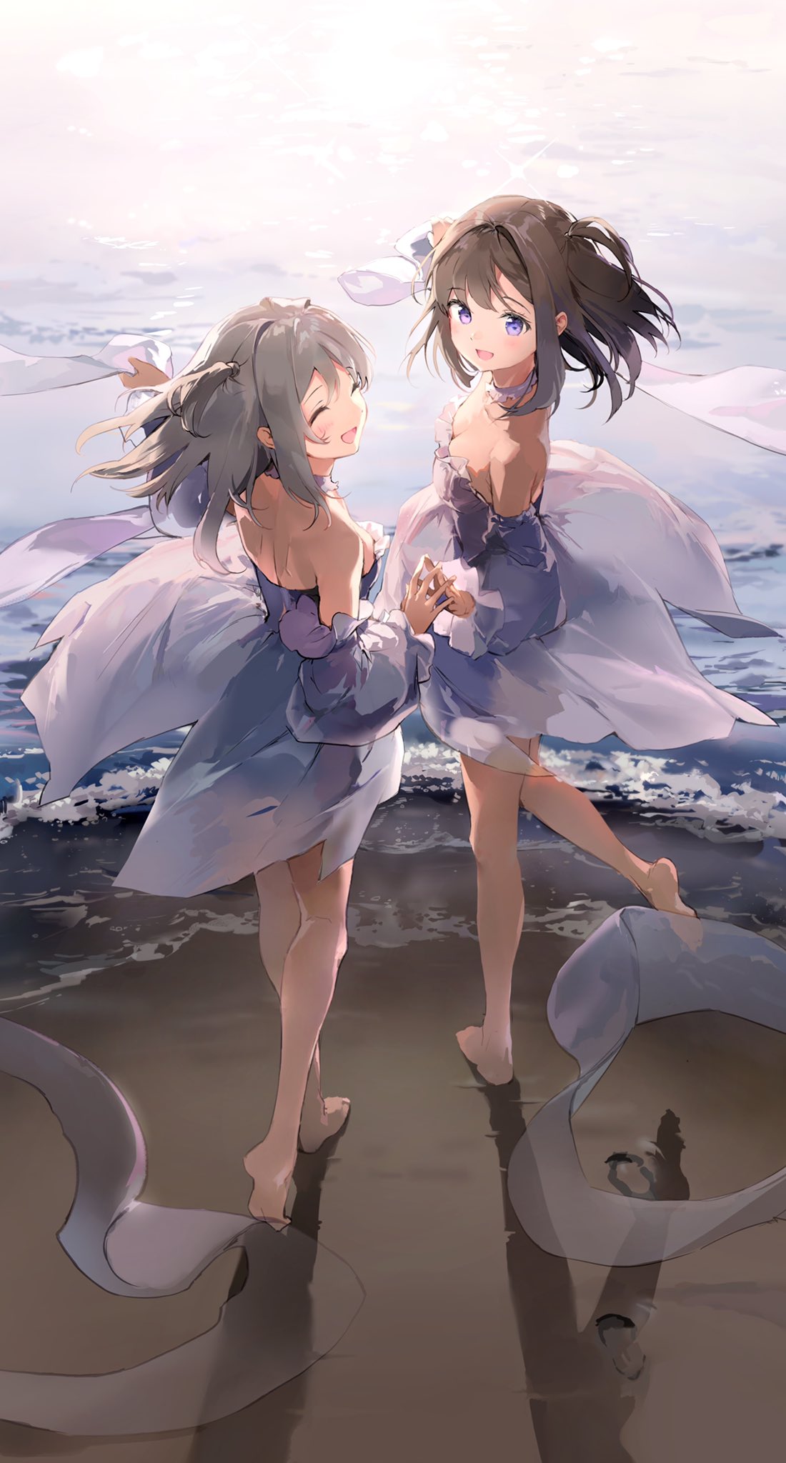 Anime Anime Girls Anmi Portrait Display Walking Waves Water Feet Foot Sole Looking At Viewer Sunligh 1100x2048