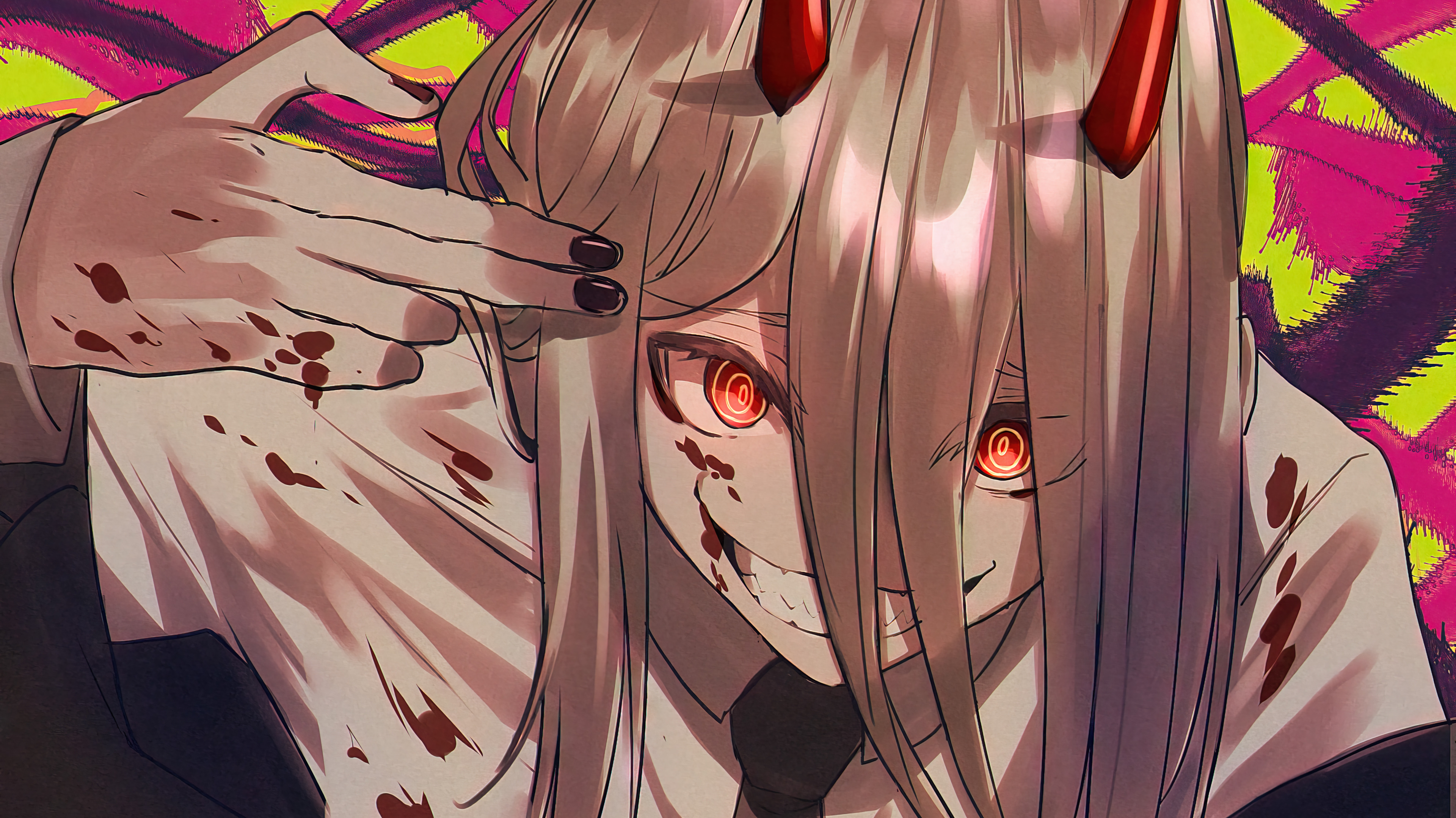 Chainsaw Man Power Chainsaw Man Horns Blonde Blood Covered Body Smile Hand Gesture Colorful Nail Pol 3840x2160