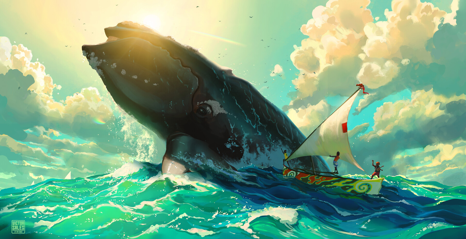 Victor Sales Digital Art Fantasy Art ArtStation Whale Sailing Ship Clouds Water Sky Sunlight Animals 1920x986