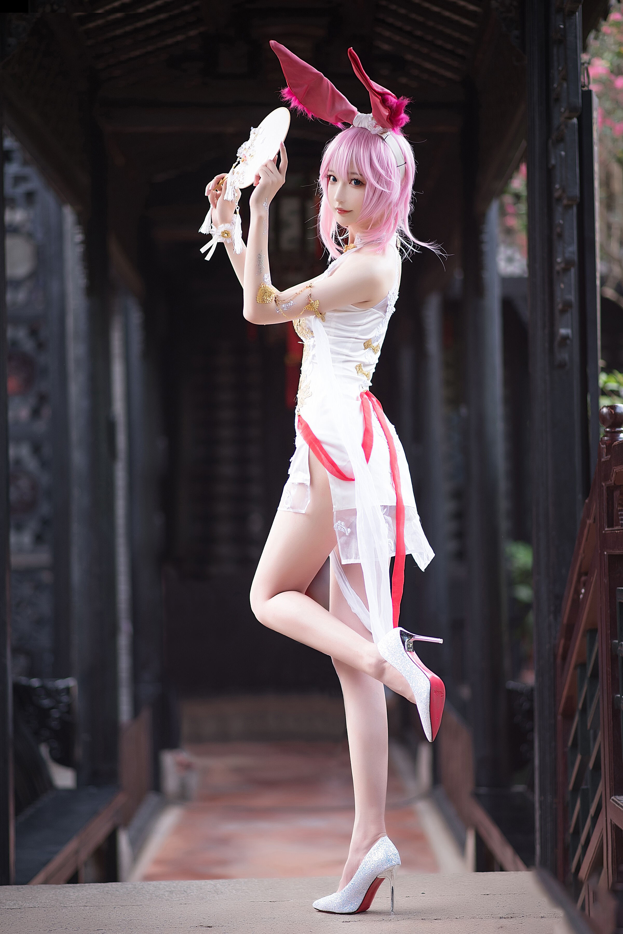 Cosplay Asian Stilettoes White High Heels Pink Hair Portrait Display Heels Women Chinese Dress Looki 2003x3000