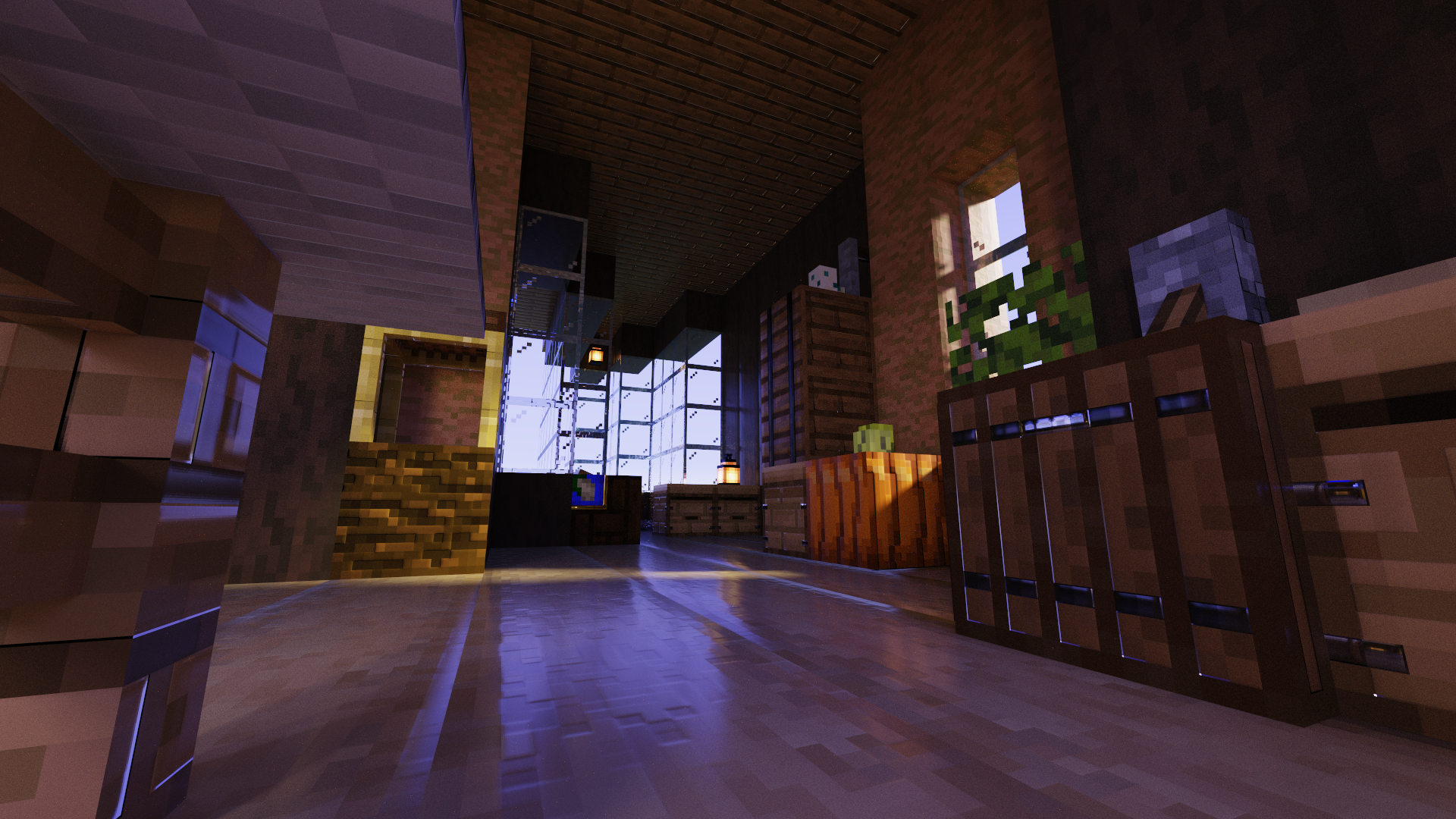 Minecraft CGi Ray Tracing Low Angle Interior Video Games Video Game Art Window 1920x1080