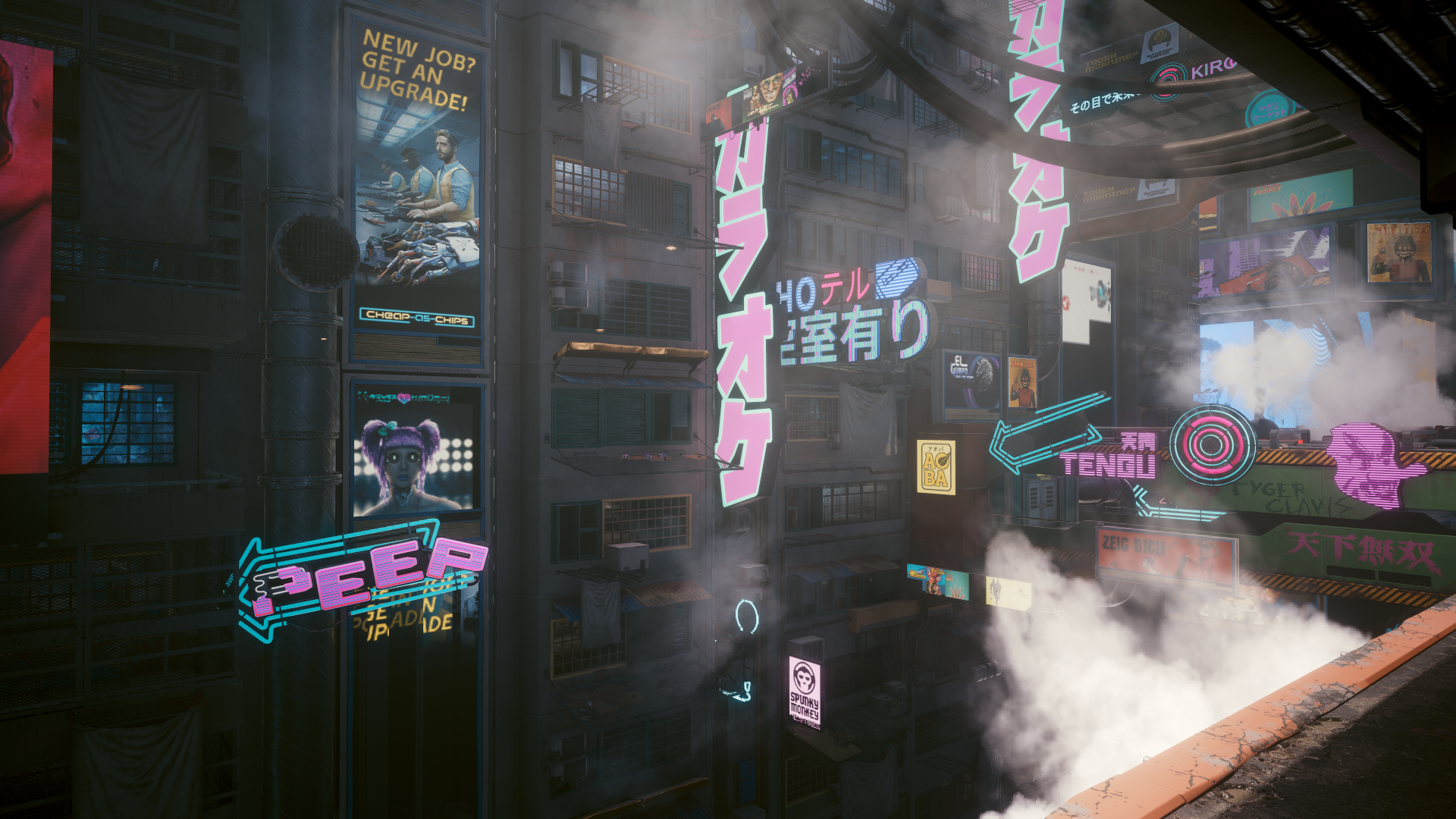 Cyberpunk CD Projekt RED Neon Building Smoke Video Games Digital Art Cyberpunk 2077 Japanese Sign Ci 1920x1080