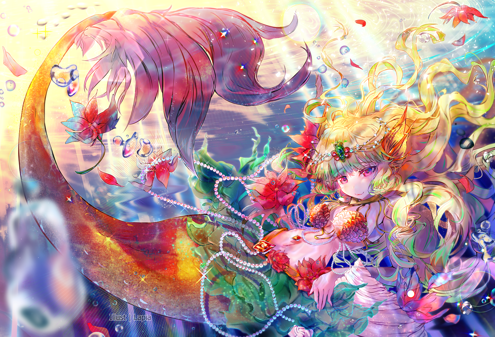 Mermaids Anime Anime Girls Smiling Tail Flowers Petals Water Drops Sunlight Pearl Necklace Sunset Gl 1628x1109