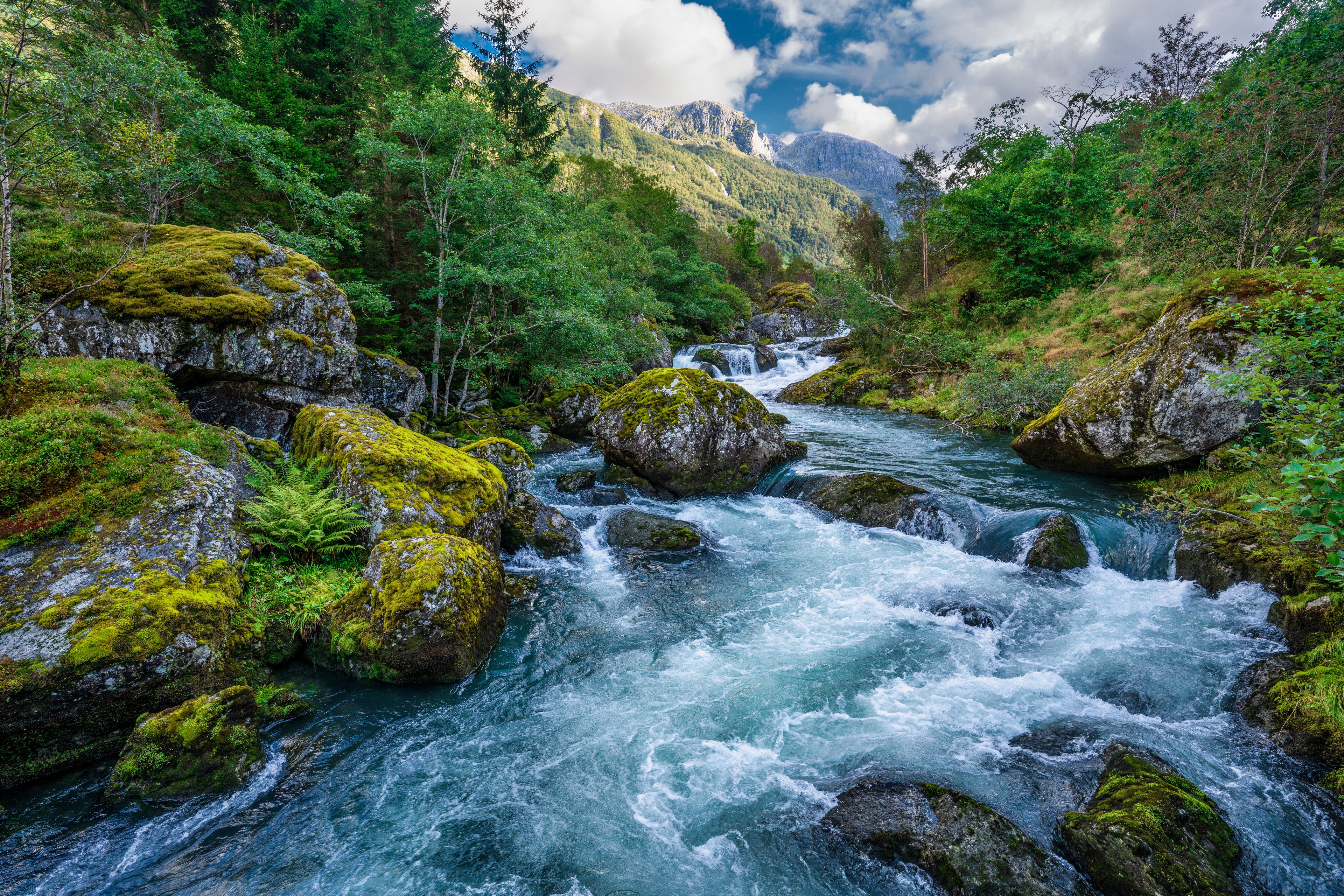 Nature Landscape Norway River Forest Stones Moss Sky Stream Mountains Water 3840x2560
