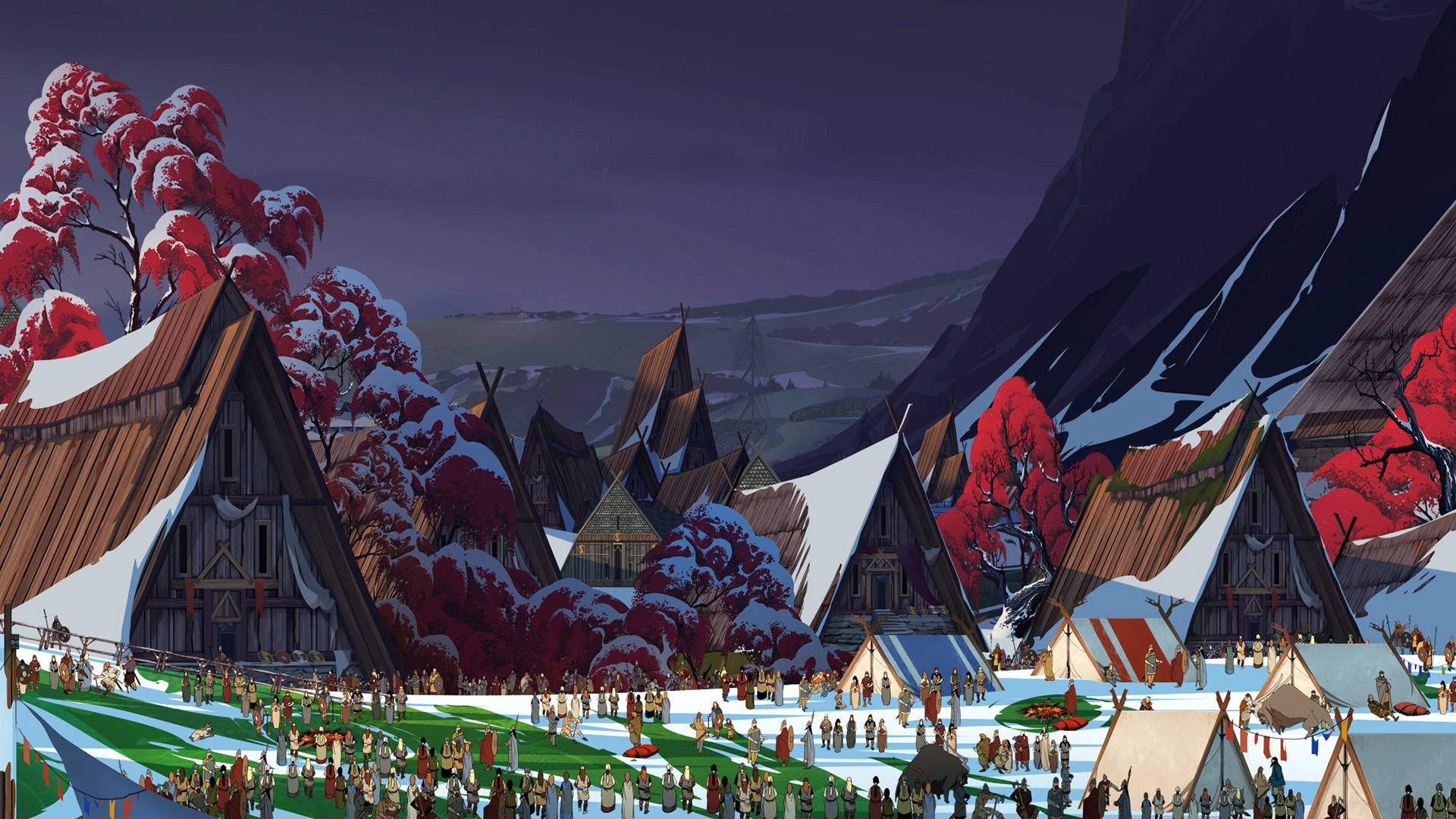 The Banner Saga The Banner Saga 3 Landscape Town Video Game Art Red Trees Snow People Video Games Cr 1920x1080