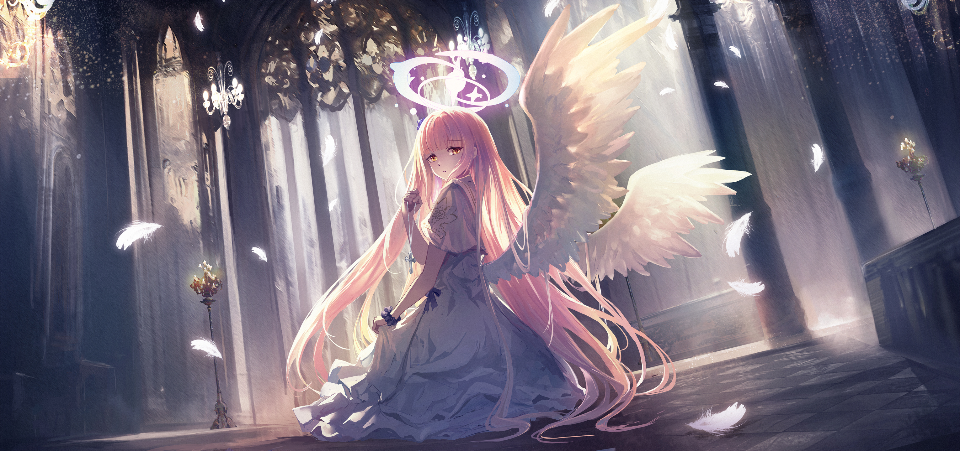 Misono Mika Anime Angel Wings Wings Feathers Looking At Viewer Long Hair Pink Hair White Dress Cathe 3060x1440