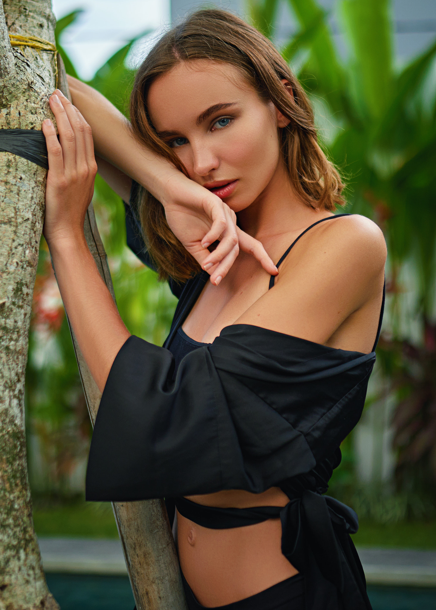 Sergey Zhirnov Women Brunette Blue Eyes Looking At Viewer Dress Black Clothing Tree Bark Plants Tann 1463x2048