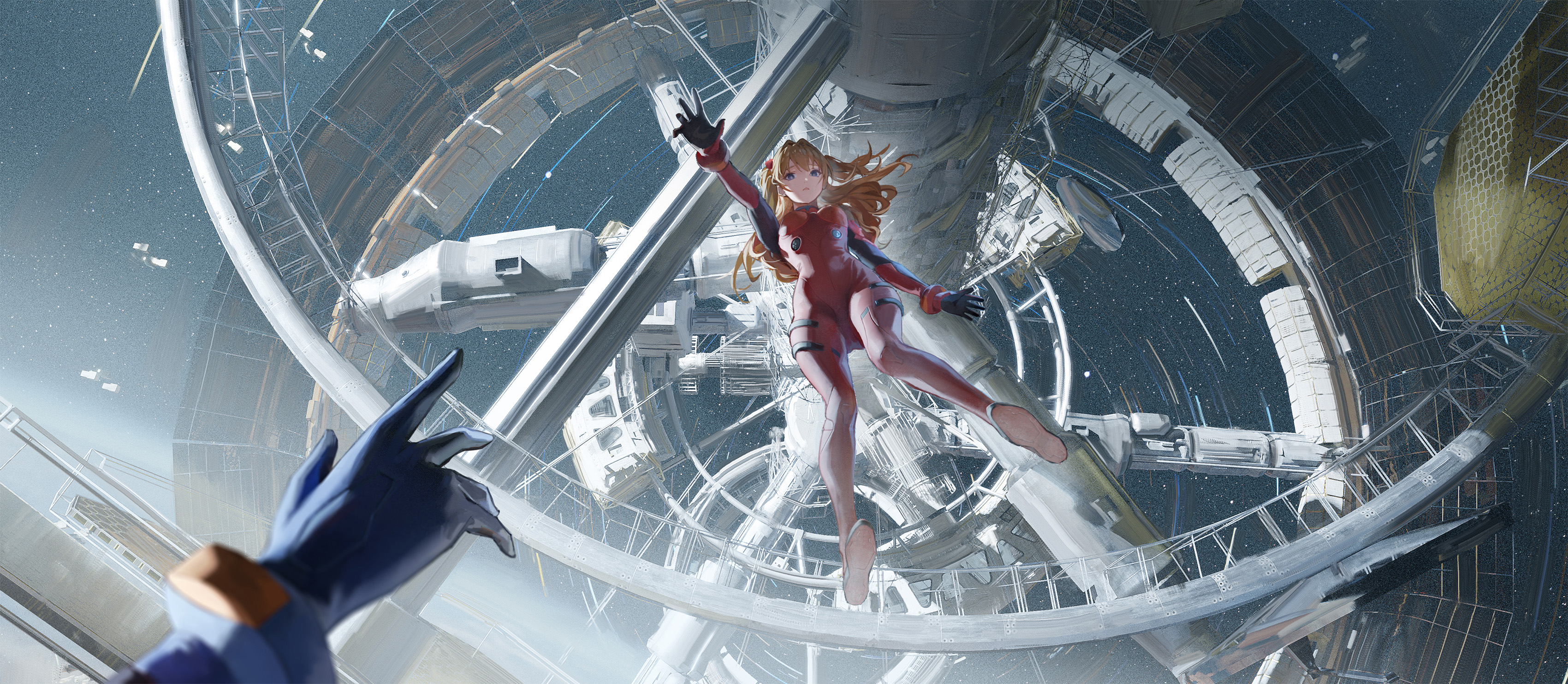 Anime Asuka Langley Soryu Neon Genesis Evangelion Falling Top View Arms Reaching Bodysuit Space Stat 3400x1484