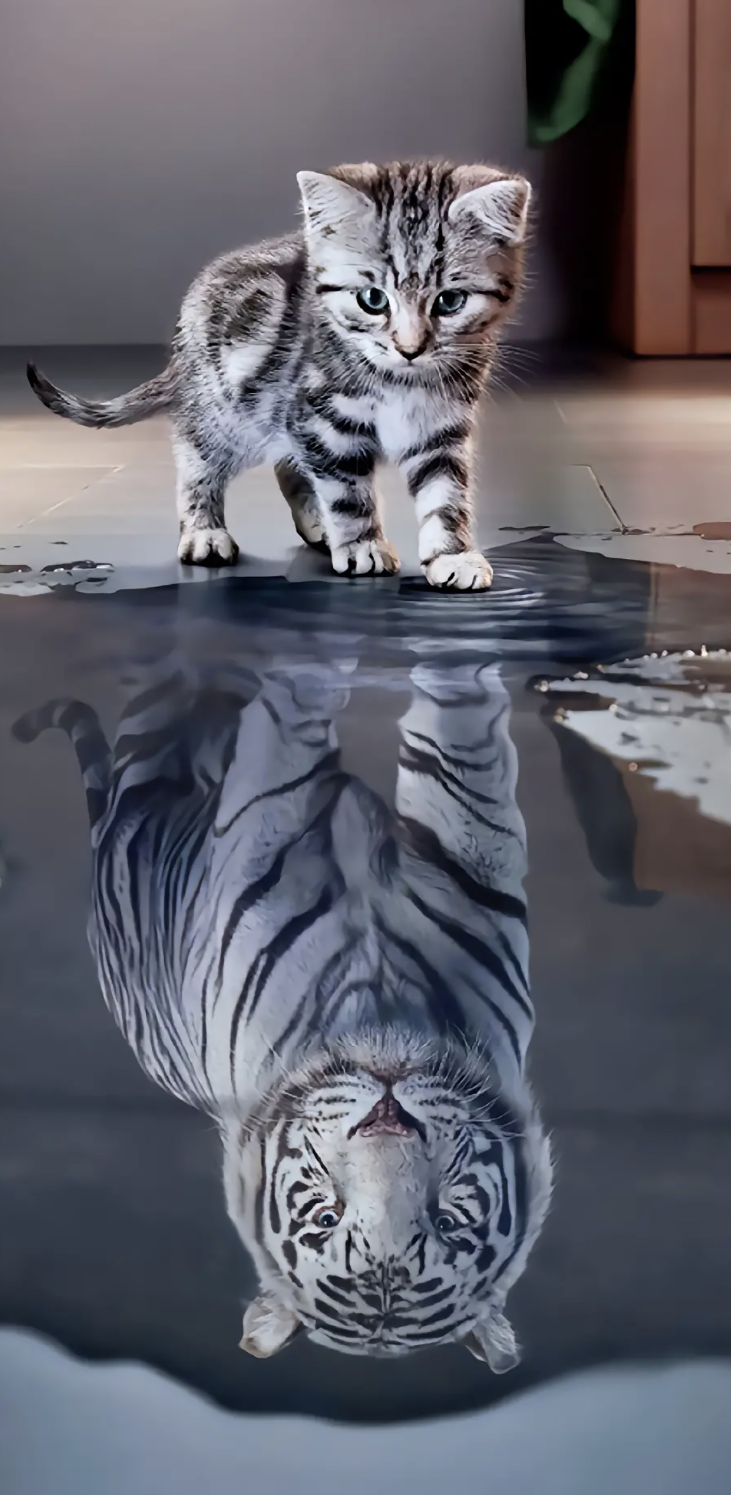 Kitty Tiger Animals Reflection Water Vertical 1467x3000