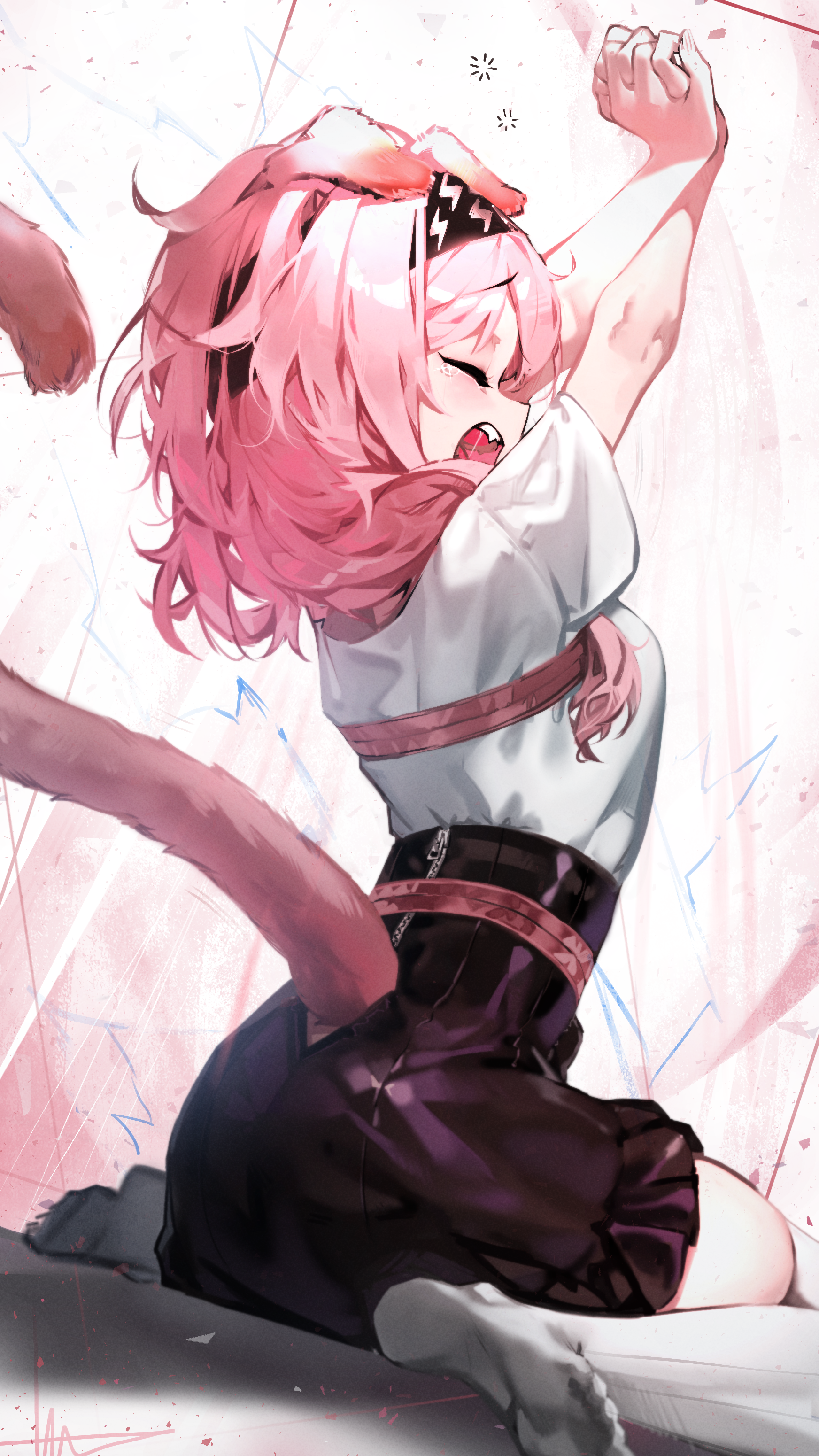 Goldenglow Arknights Arknights Anime Girls Stretching Pink Hair Animal Ears Animal Tail Closed Eyes  1744x3100