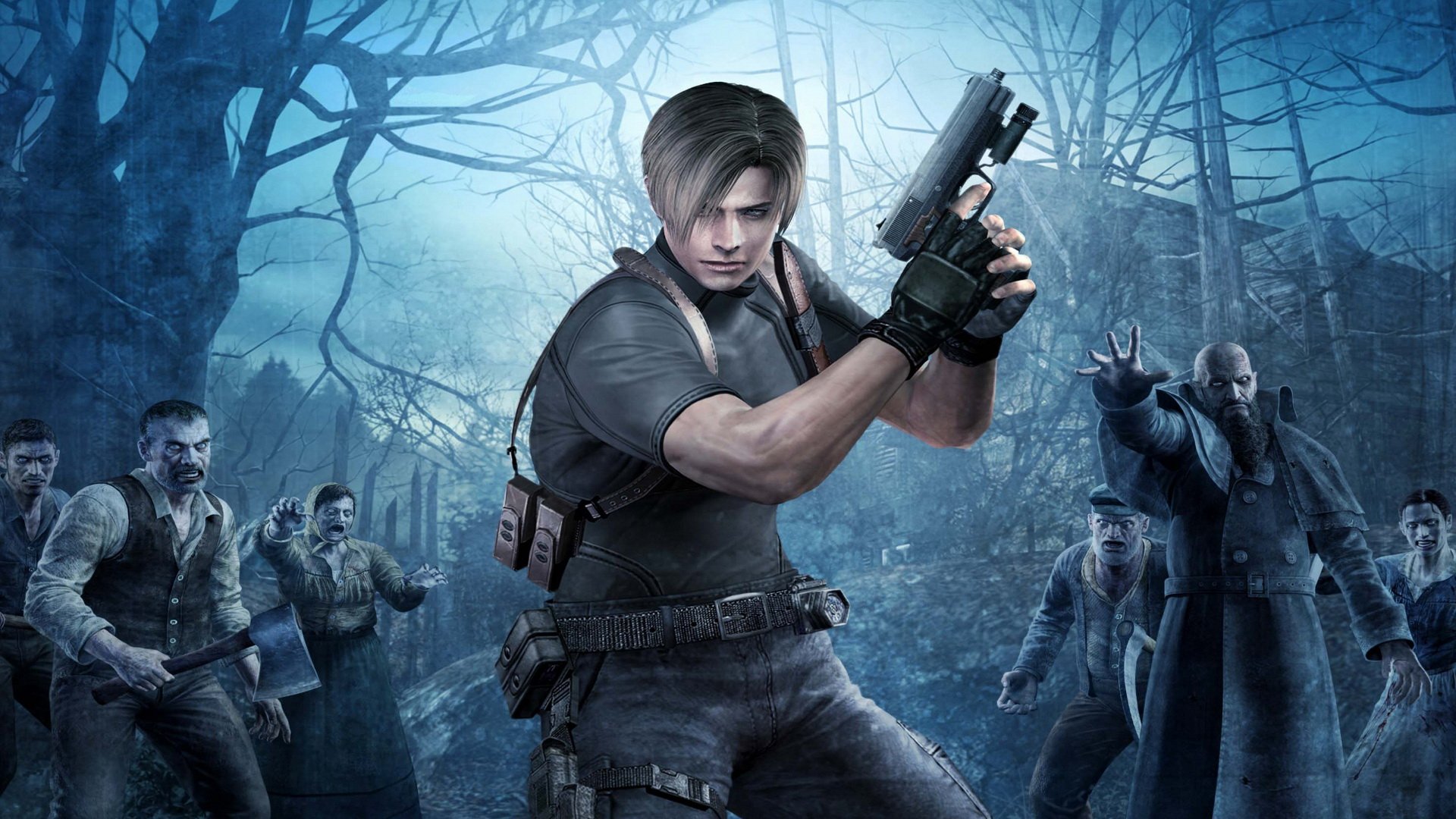 Resident Evil 4 Leon Kennedy Video Games Video Game Characters Gun Trees Men Beard Axes Weapon Video 1920x1080