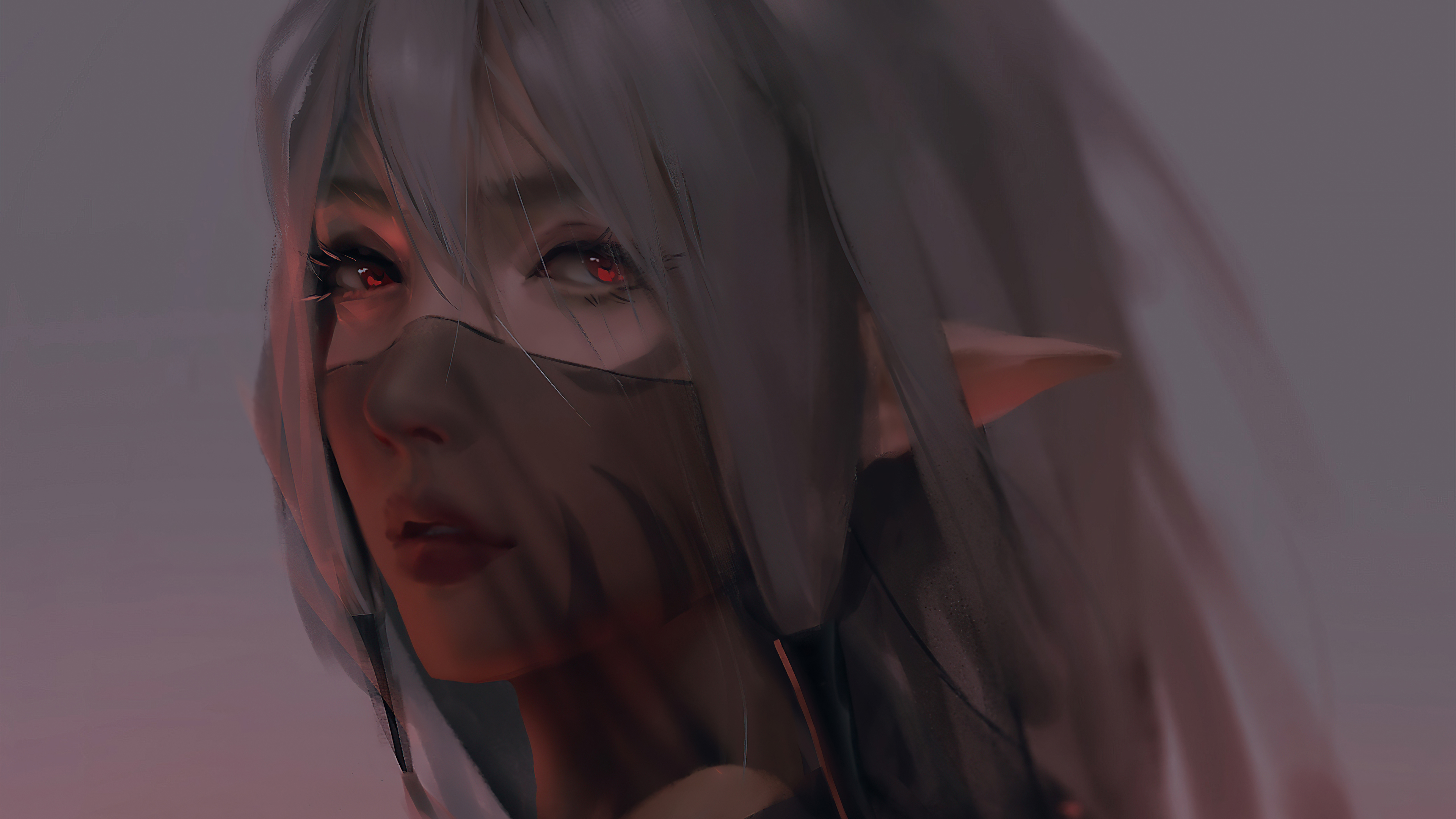 Anime Girls Veils Red Eyes Pointy Ears Looking At Viewer Gray Hair 3840x2160