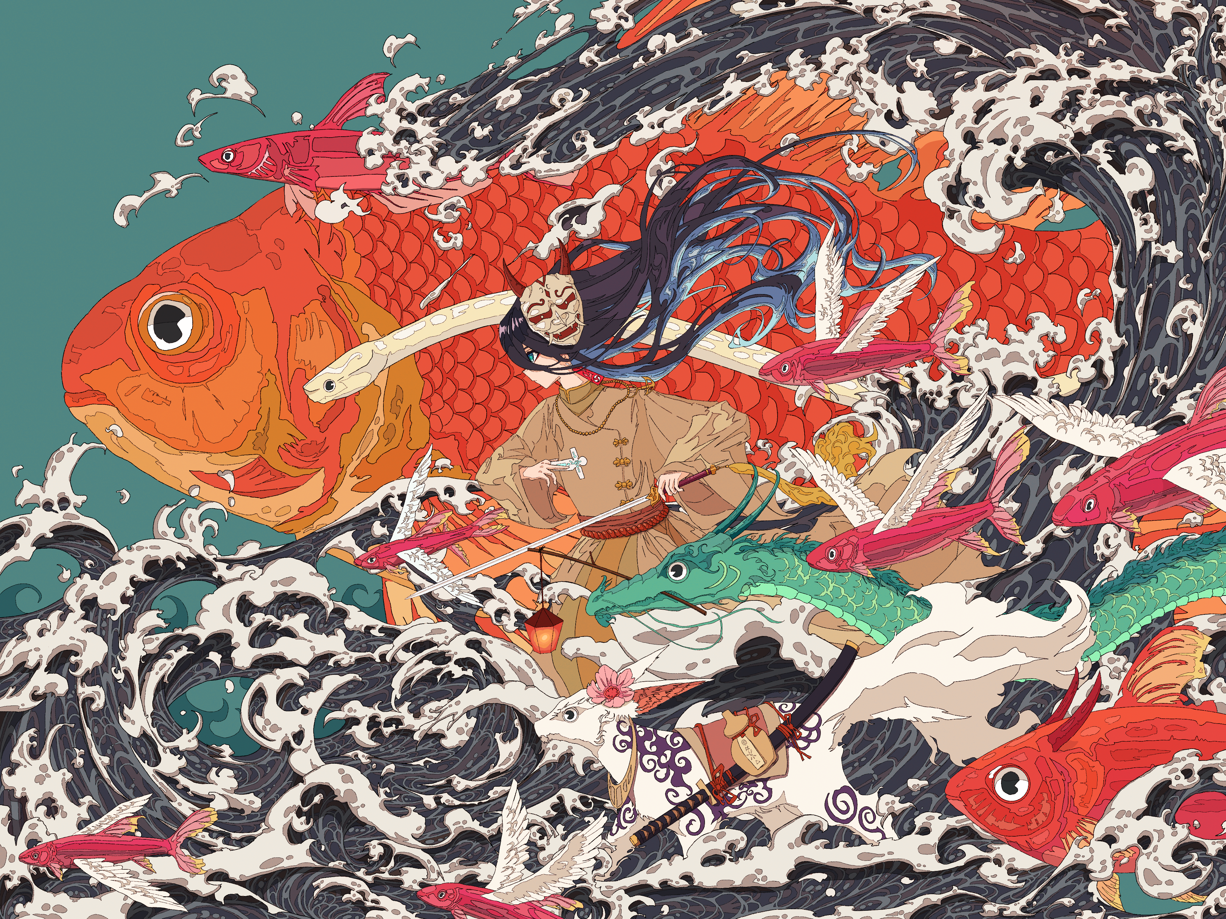Umijin Anime Fish Katana Water Illustration Waves Chinese Dragon Snake Oni Mask Profile 4000x3000