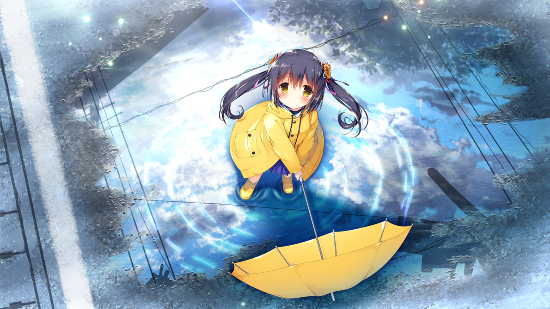 Camus In The Blue Sky Water Galgame Looking Up Umbrella Sunlight Reflection Clouds Blushing Twintail 1920x1078
