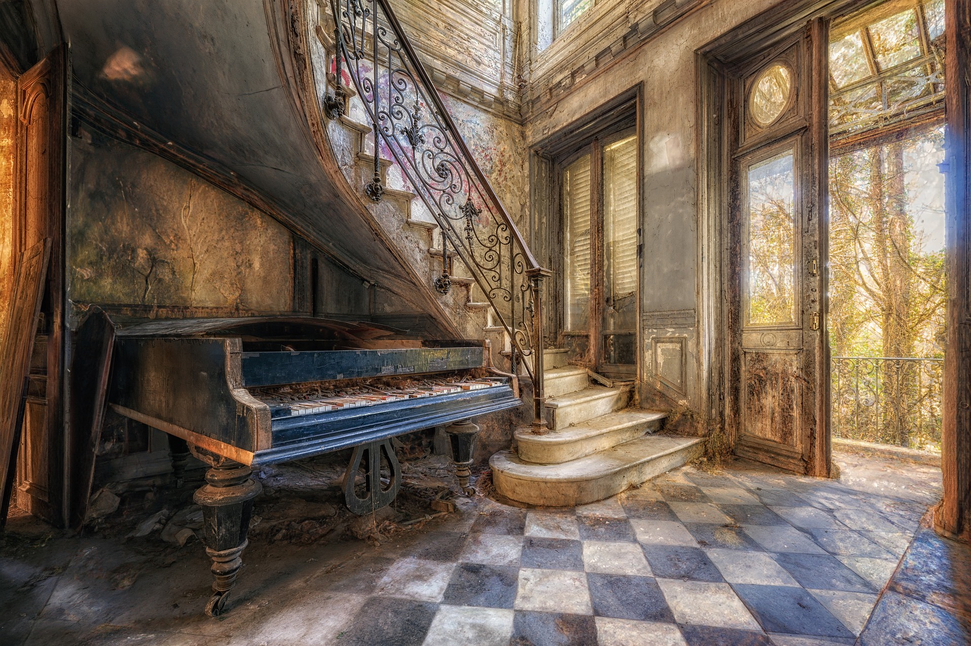 Lobby Hallway Abandoned Architecture Piano HDR Stairs 1920x1277