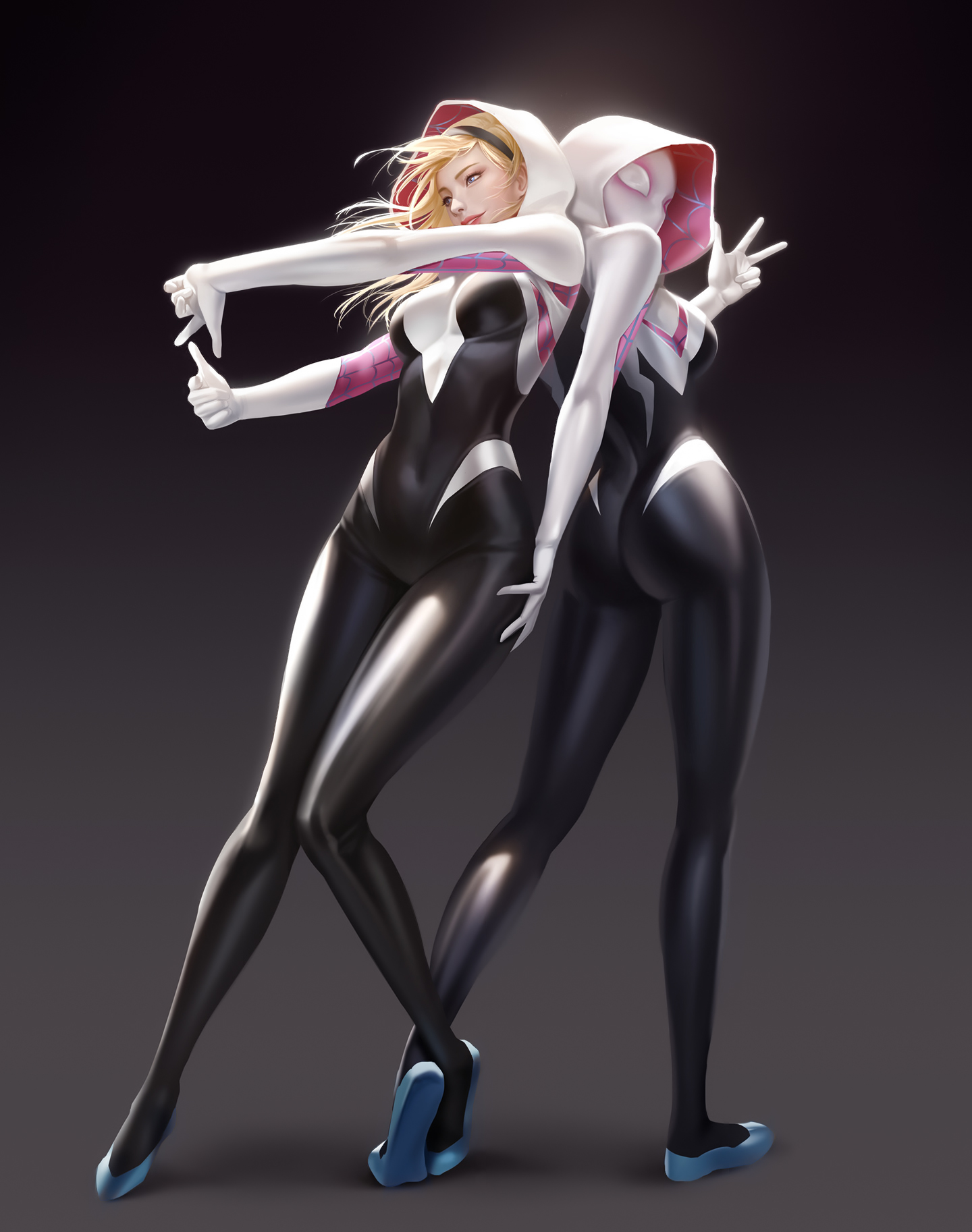 TaeKwon Kim Drawing Women Marvel Comics Spider Gwen Hoods Blonde Ballet Slippers Simple Background G 1440x1826
