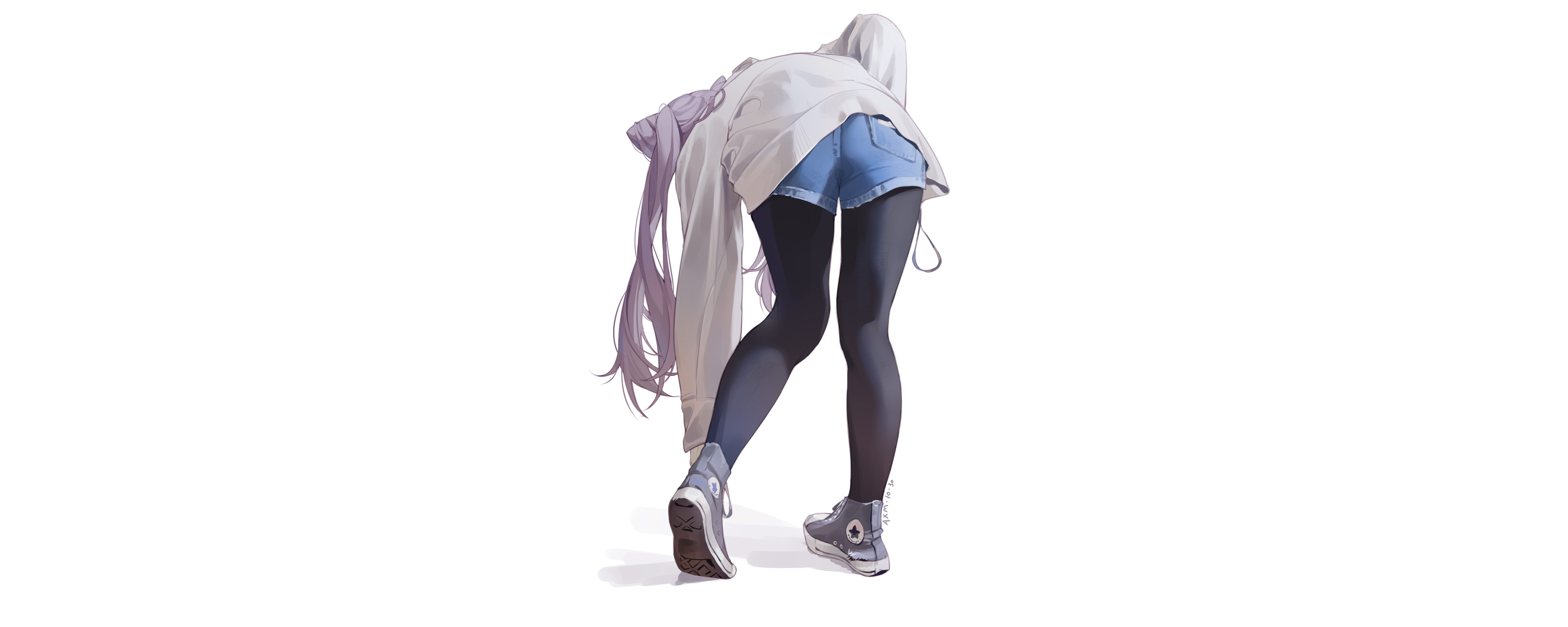 Long Hair Converse Shorts Simple Background White Background Anime Girls Back Minimalism 3000x1200