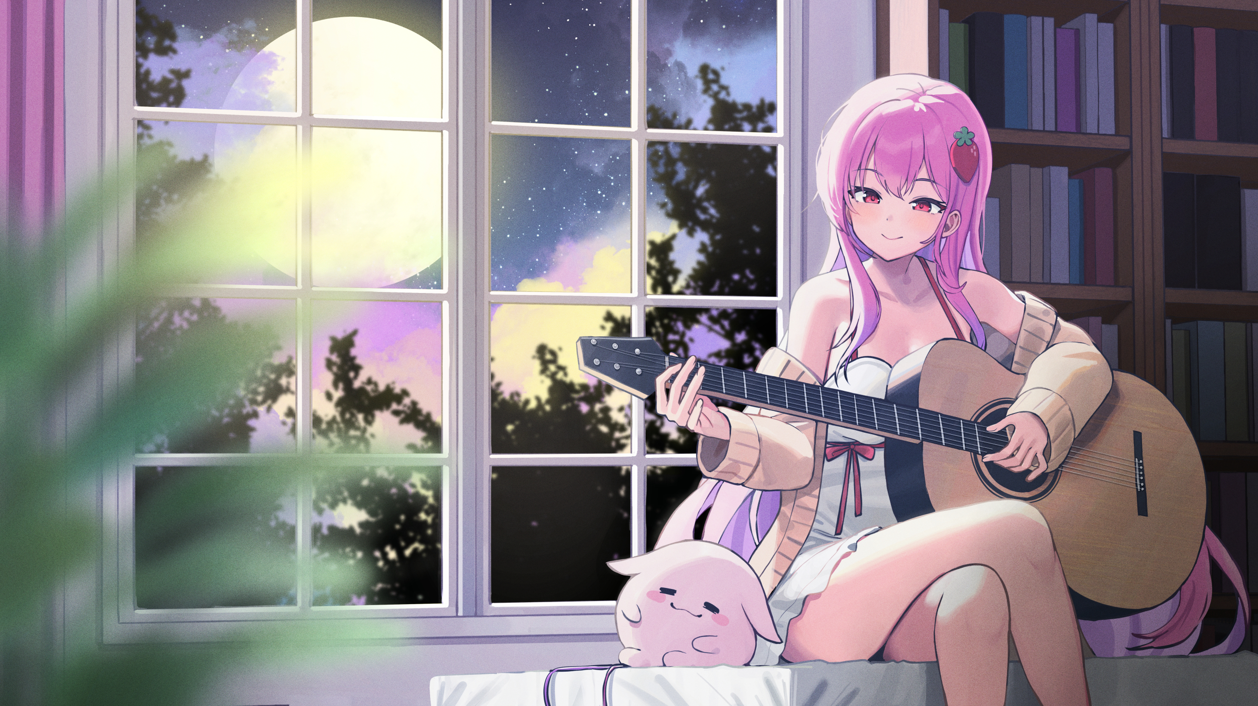 Twin Artist Legs Crossed Anime Girls Full Moon Moon Original Characters Pink Hair Long Hair Purple E 2492x1400