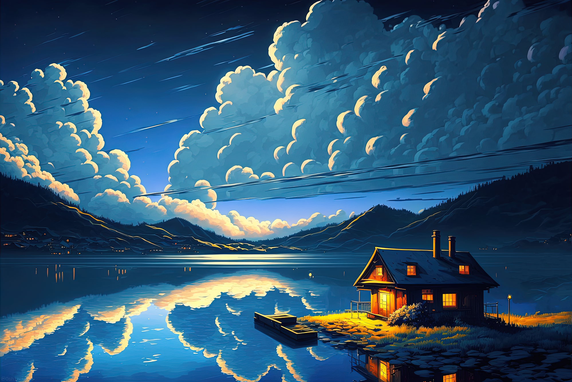 Ai Art Illustration Artwork Landscape House Mountains Lake Clouds Night Uomi Reflection Water Nature 1998x1333