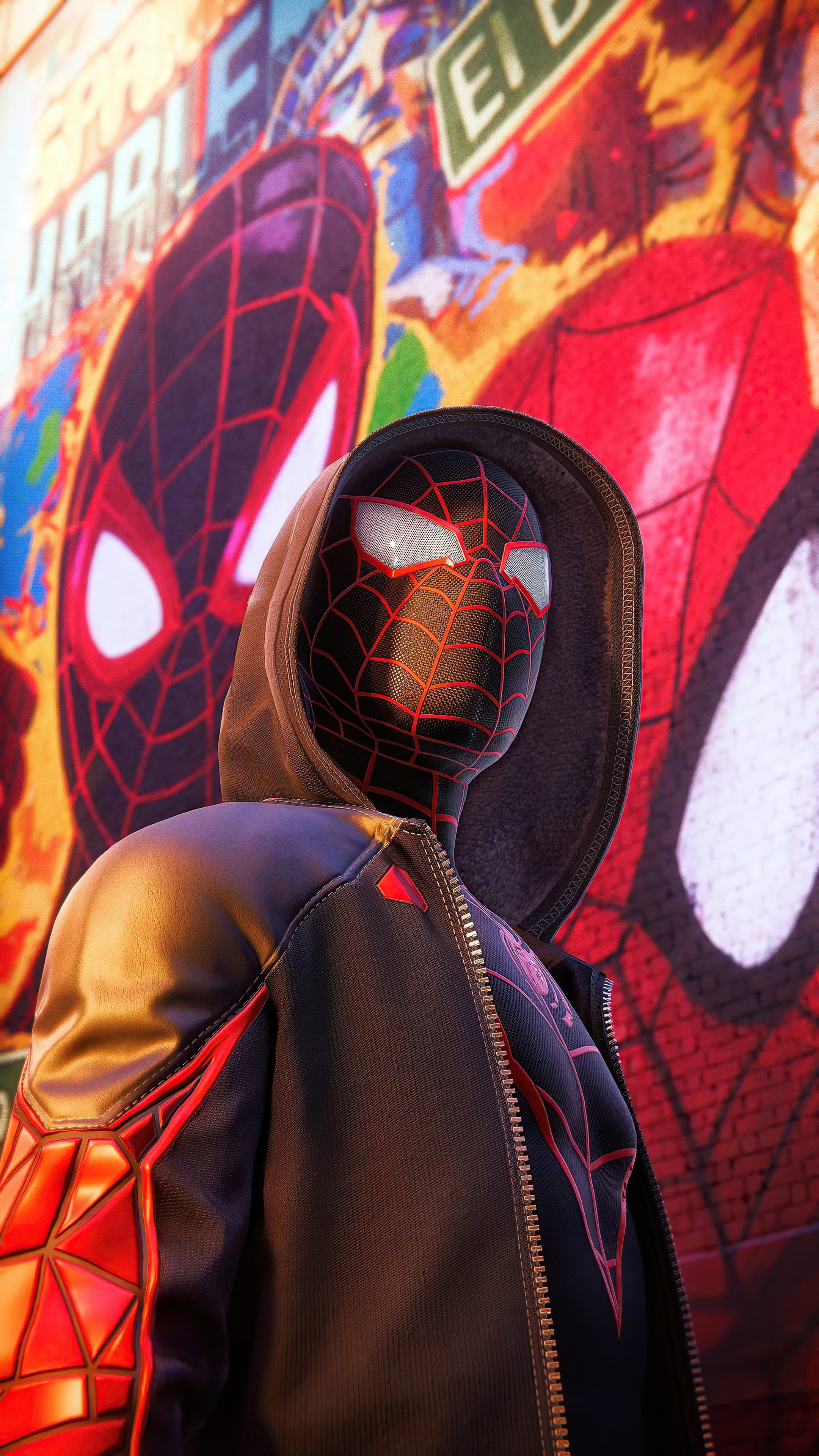 Spider Man Black Leather Jacket Graffiti Portrait Display Superhero Hoods Digital Art 2160x3840