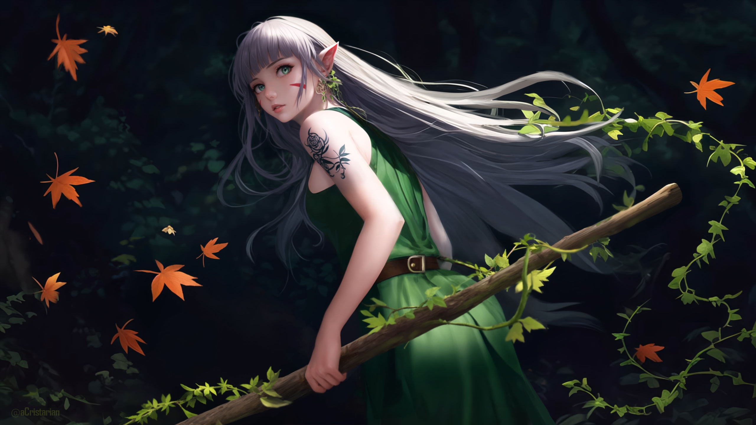 Forest Elven Green Dress Leaves Pointy Ears Fantasy Girl Fantasy Art Tattoo 2560x1440