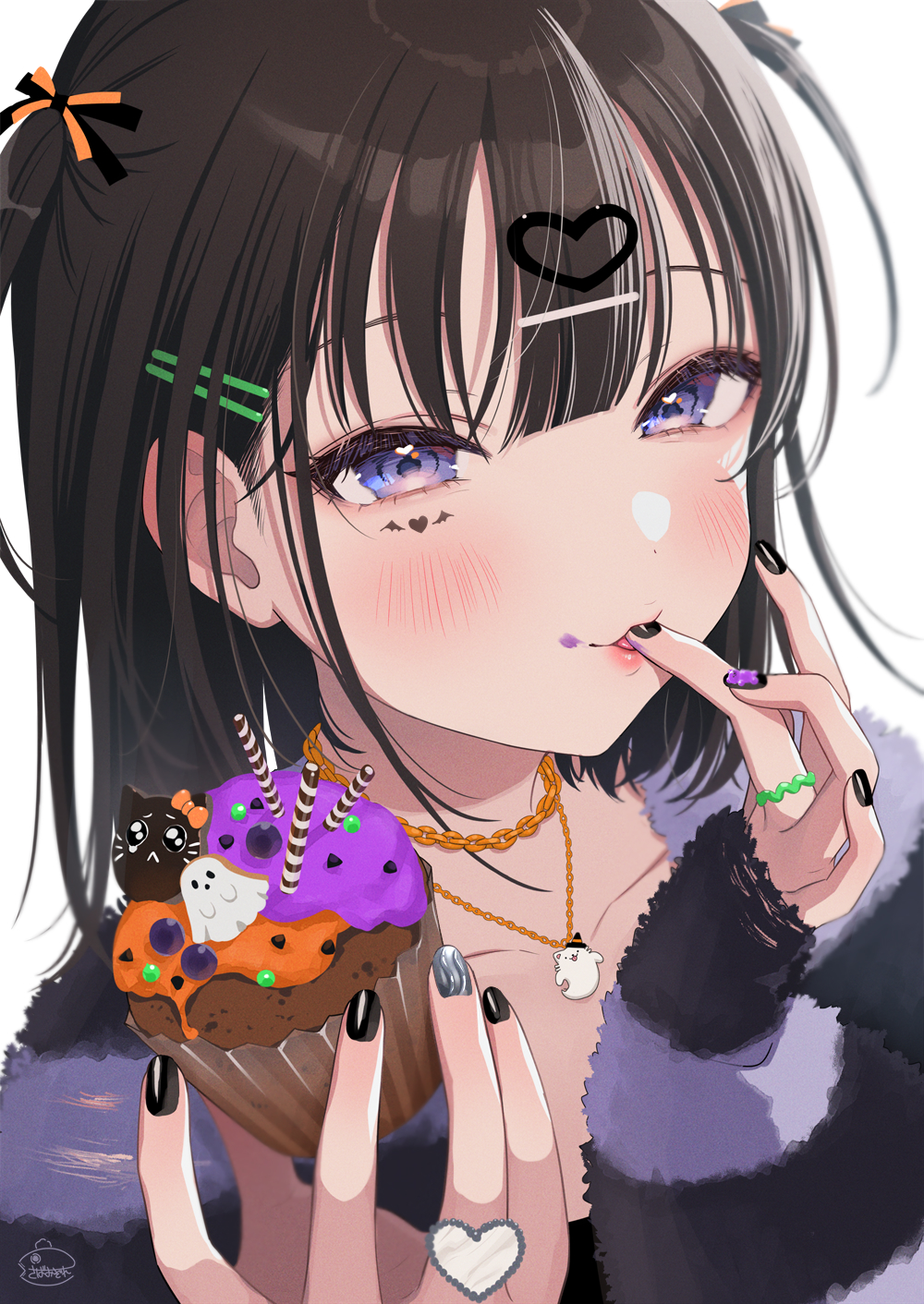 Original Characters Anime Anime Girls Cupcakes Blushing Halloween Painted Nails Blue Eyes Black Hair 1000x1412