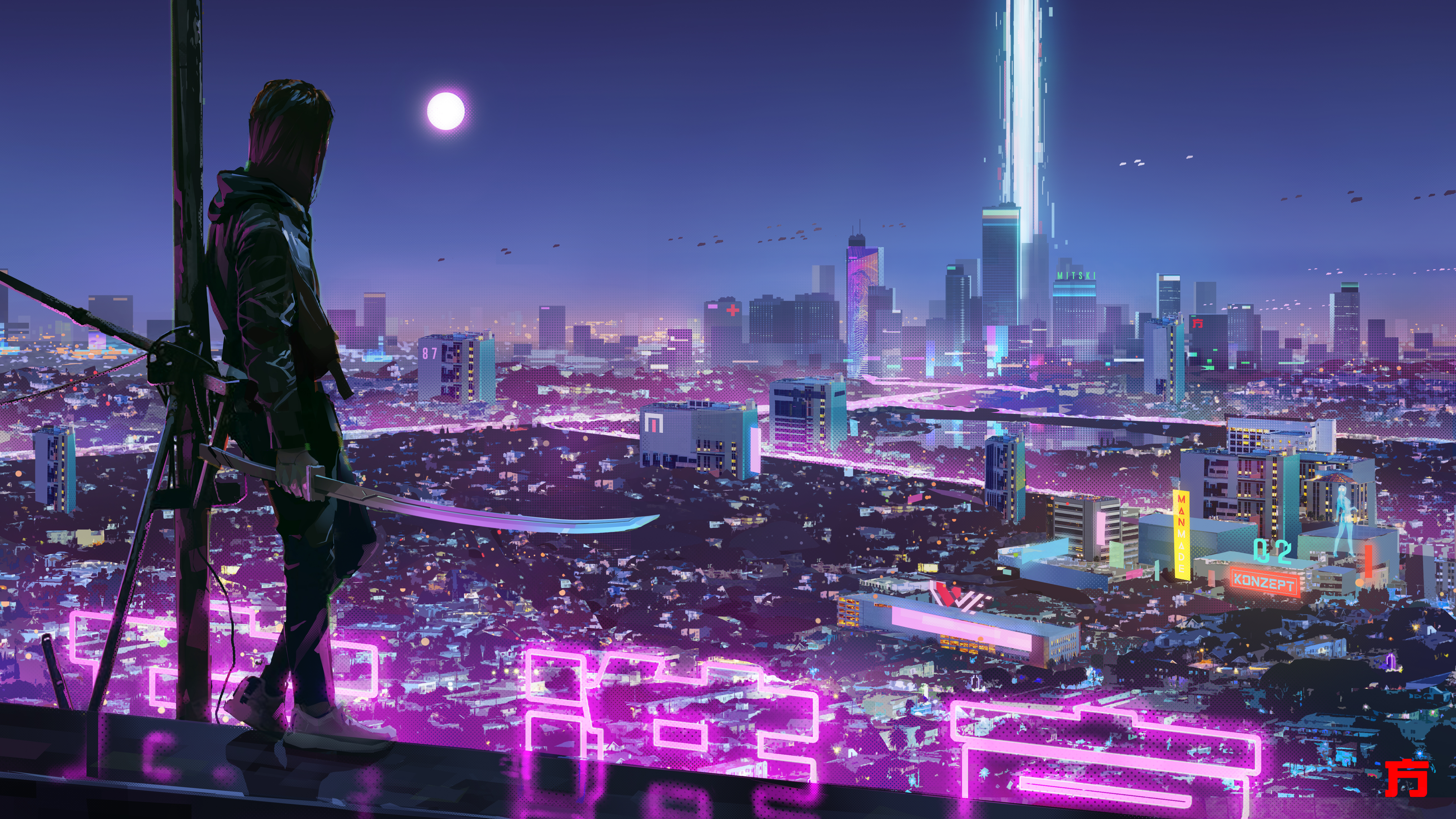 Sword Cyberpunk Neon Lights City Night Futuristic Futuristic City Artwork Katana Sneakers 5120x2880