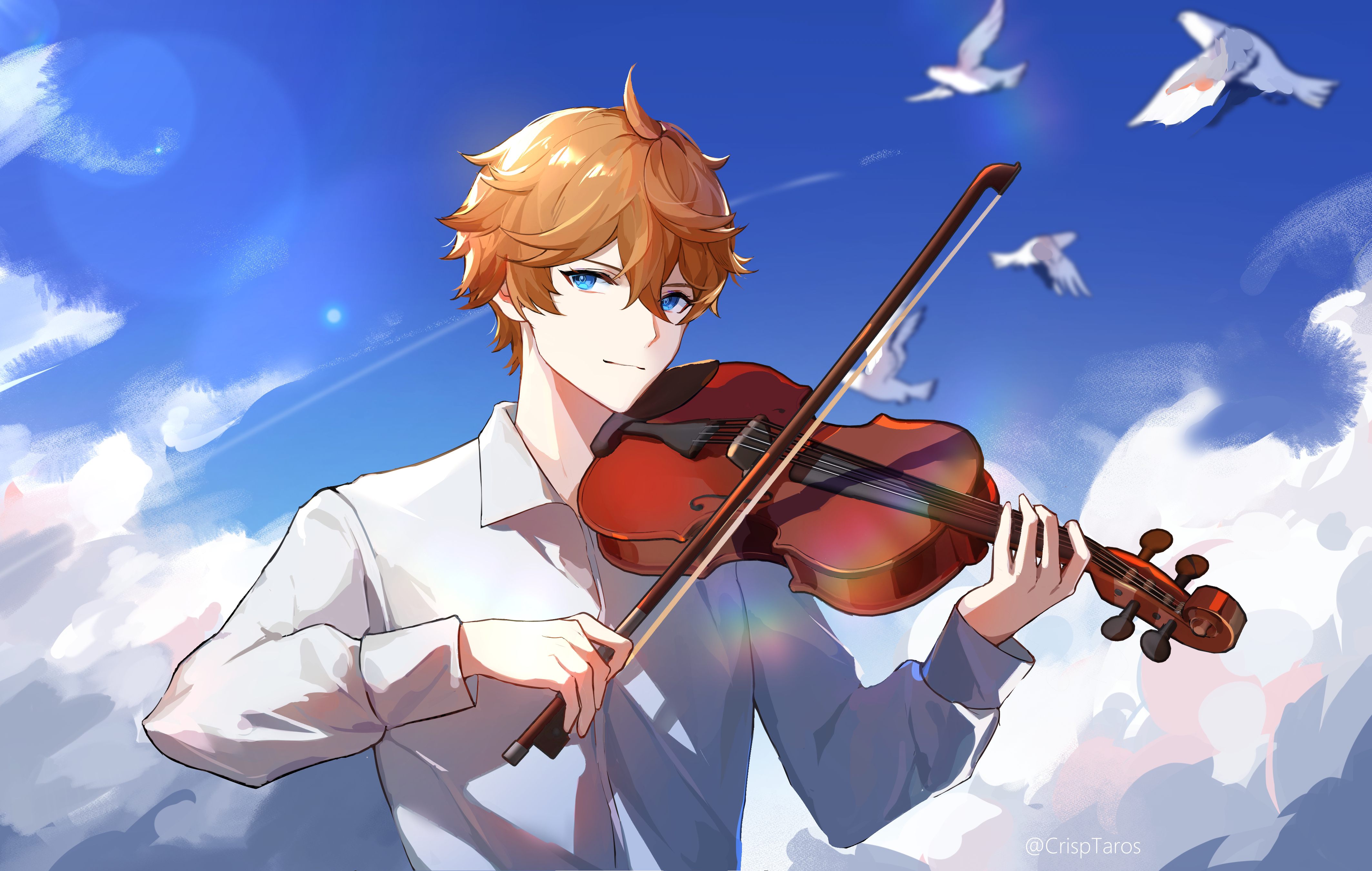 Video Game Art Digital Art Tartaglia Genshin Impact Music Violin Birds Sky Musical Instrument Video  4253x2701