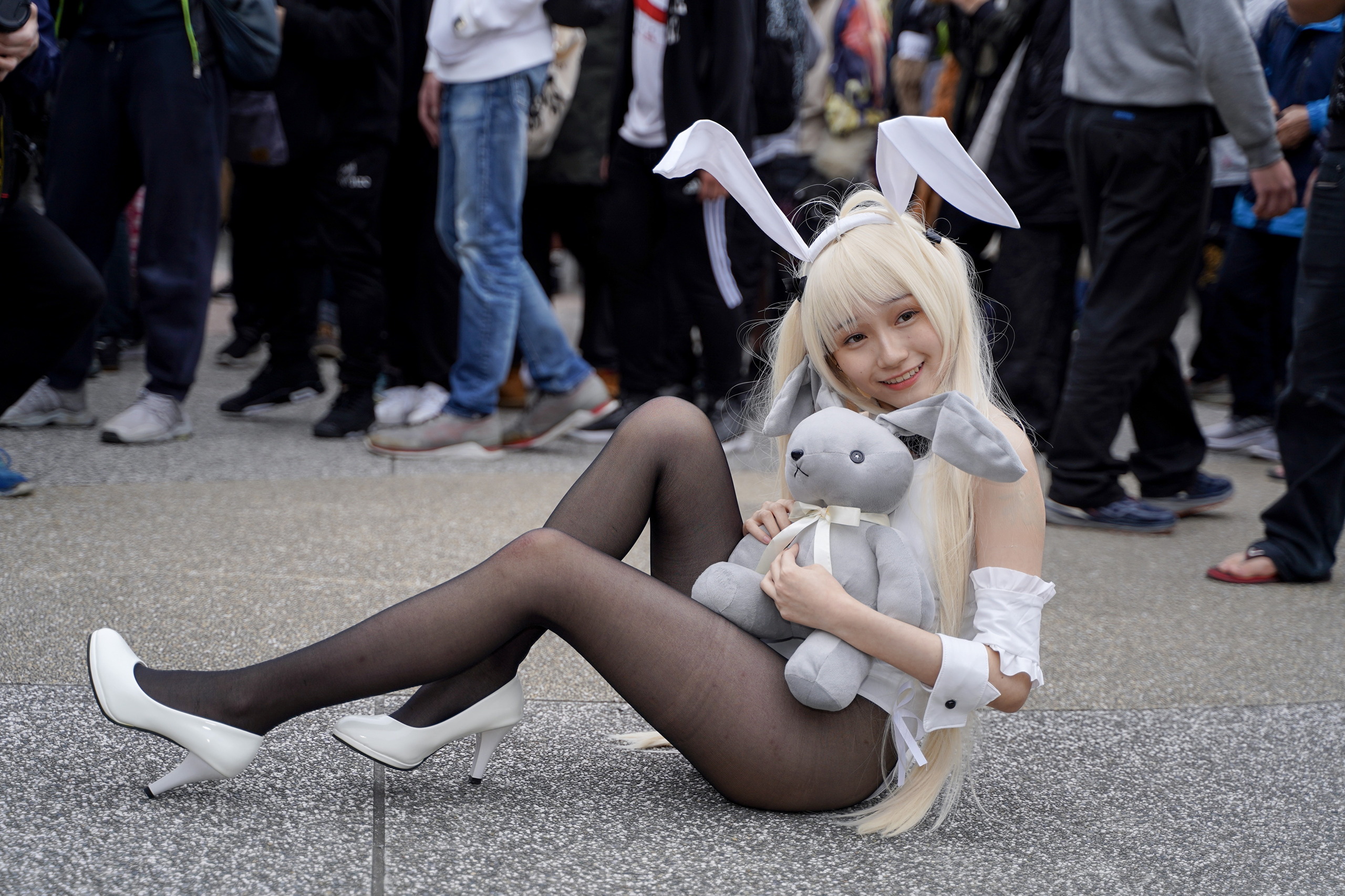 Asian Model Women Long Hair Bunny Ears Plush Toy White Heels Cosplay Sitting 2560x1706
