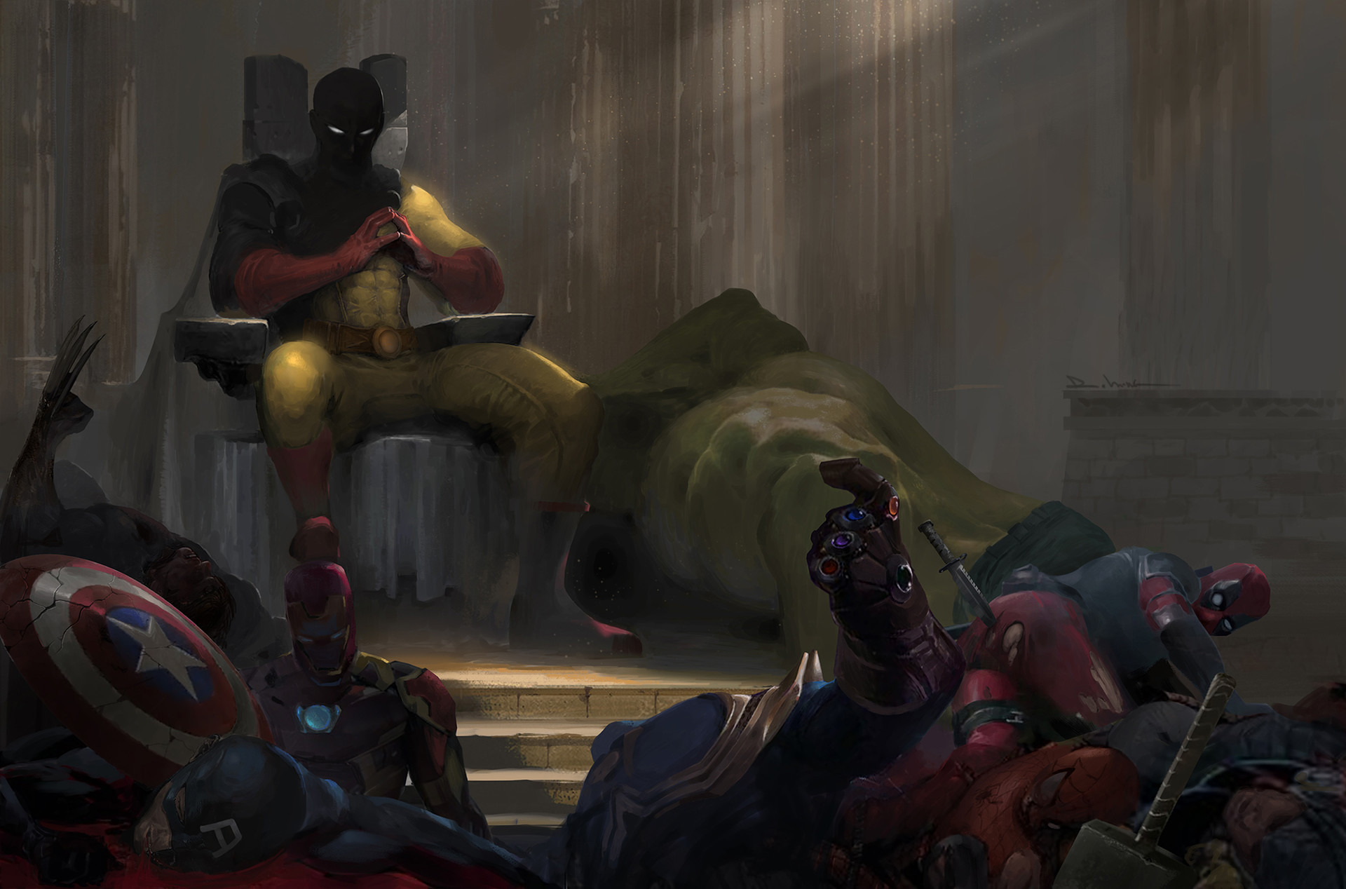 Saitama One Punch Man Crossover Deadpool Wolverine Iron Man Thanos Captain America Spider Man Thor M 1920x1268