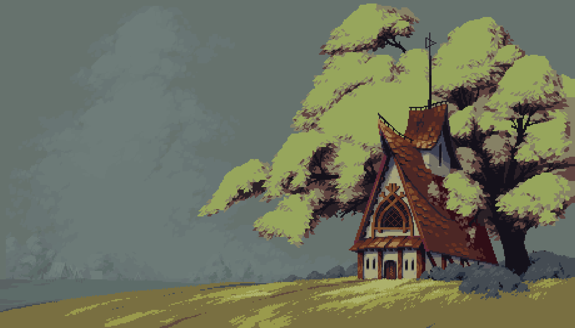 Pixel Art Pixelated Medieval Field Tree House Building House 1960x1120
