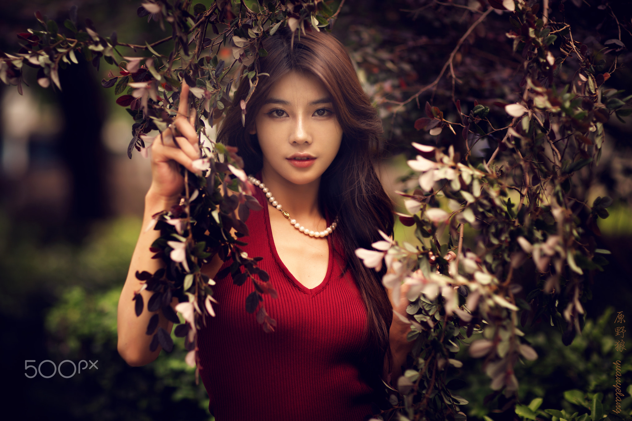 Yuan Yelang Women Asian Brunette Looking At Viewer Beads Leaves Fall Portrait Red Clothing 2048x1365