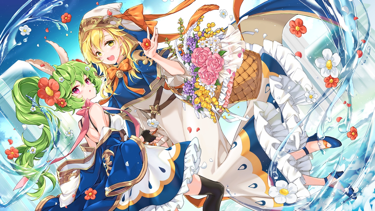 Anime Anime Girls Long Hair Flower In Hair Looking At Viewer Blushing Flowers Petals Dress Water Hee 1500x844